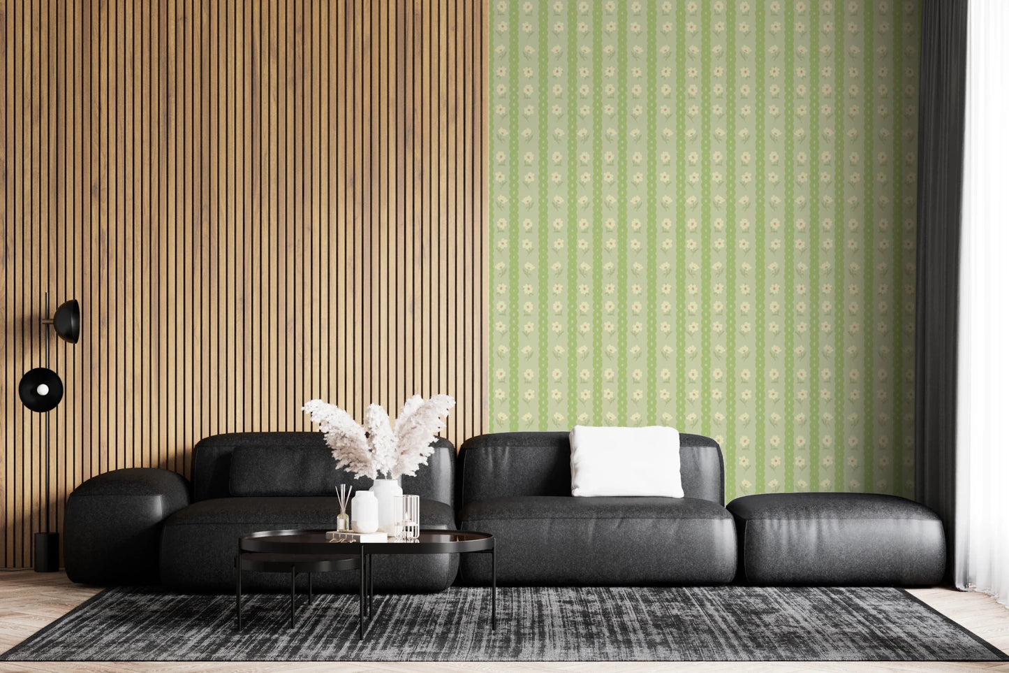 Vintage Bloom Rows wallpaper mural in a living room beside a wood slat wall and black leather sectional, green stripes