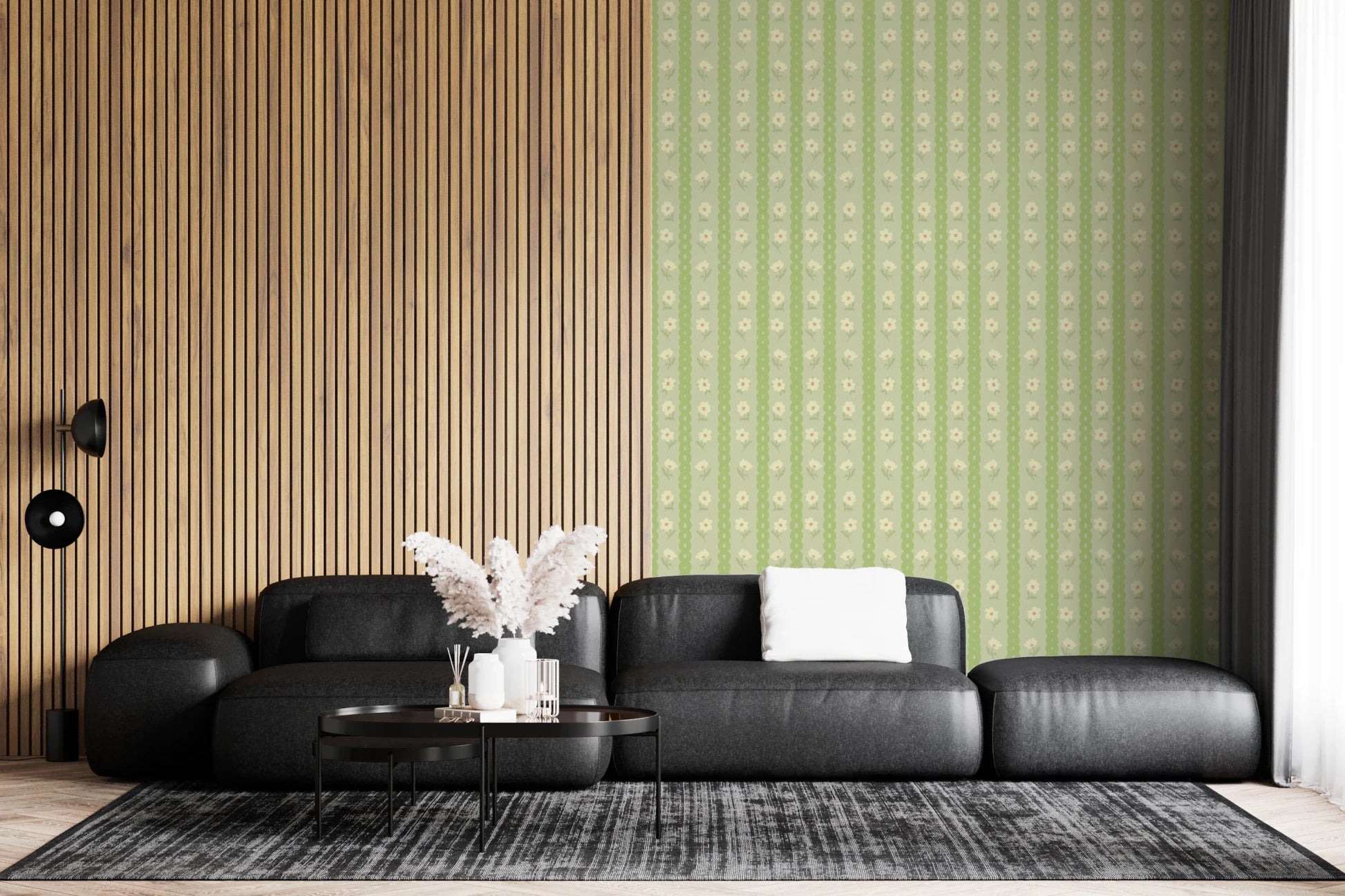 Vintage Bloom Rows wallpaper mural in a living room beside a wood slat wall and black leather sectional, green stripes