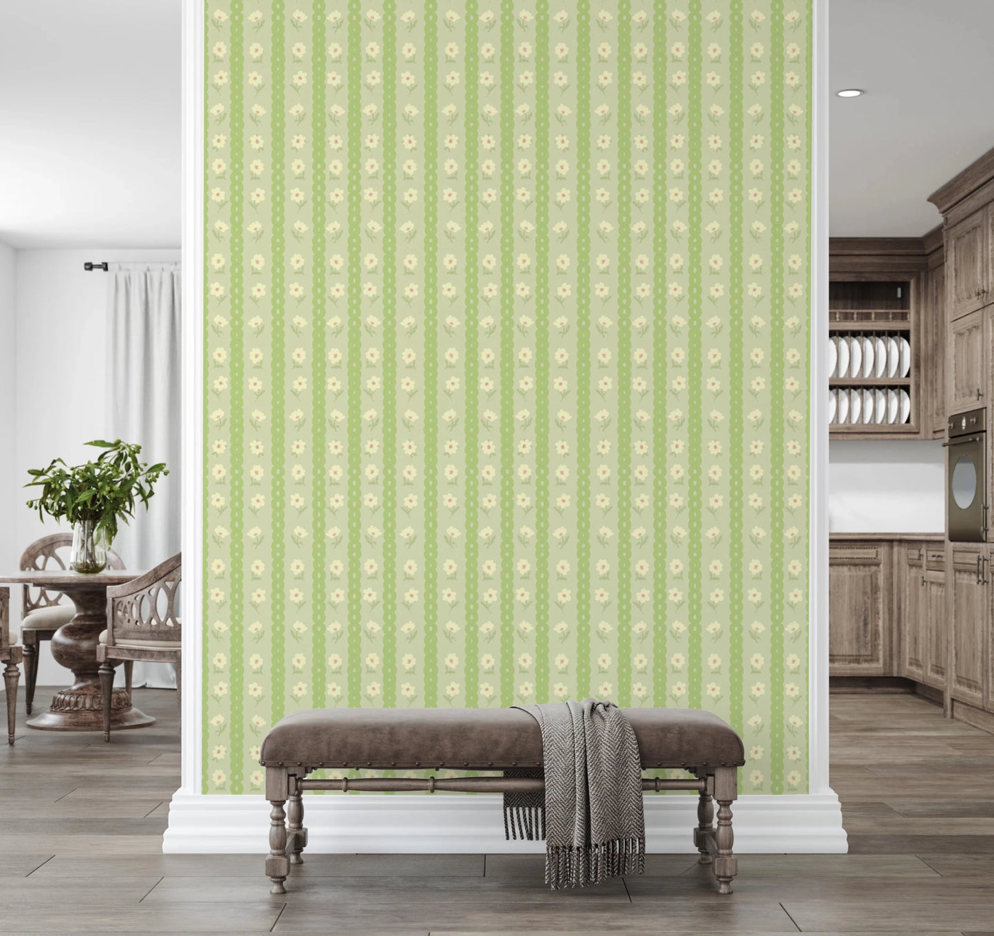 Vintage Bloom Rows wallpaper mural on a divider wall above a brown velvet bench, green daisy stripes