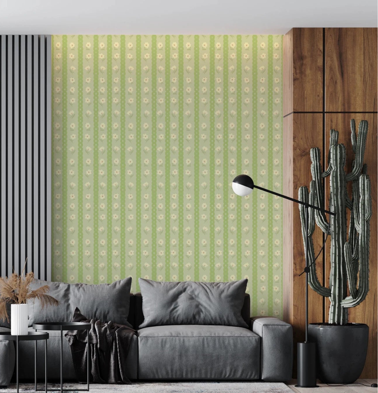Vintage Bloom Rows wallpaper mural in a living room behind a grey sectional sofa and tall cactus, green daisy stripes