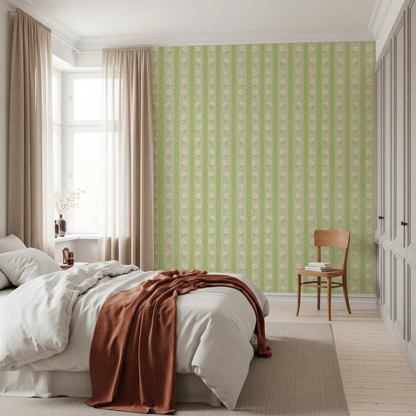 Vintage Bloom Rows wallpaper mural in a bedroom with a white bed and rust throw, green and cream florals