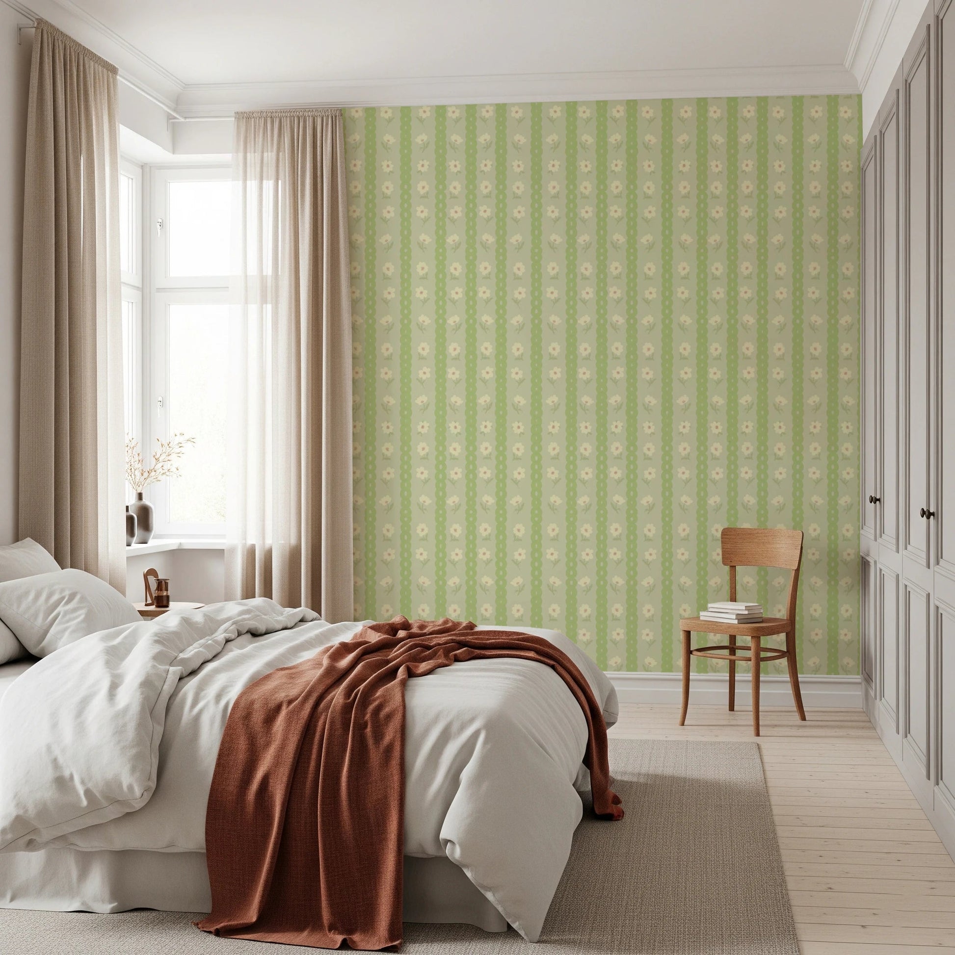 Vintage Bloom Rows wallpaper mural in a bedroom with a white bed and rust throw, green and cream florals