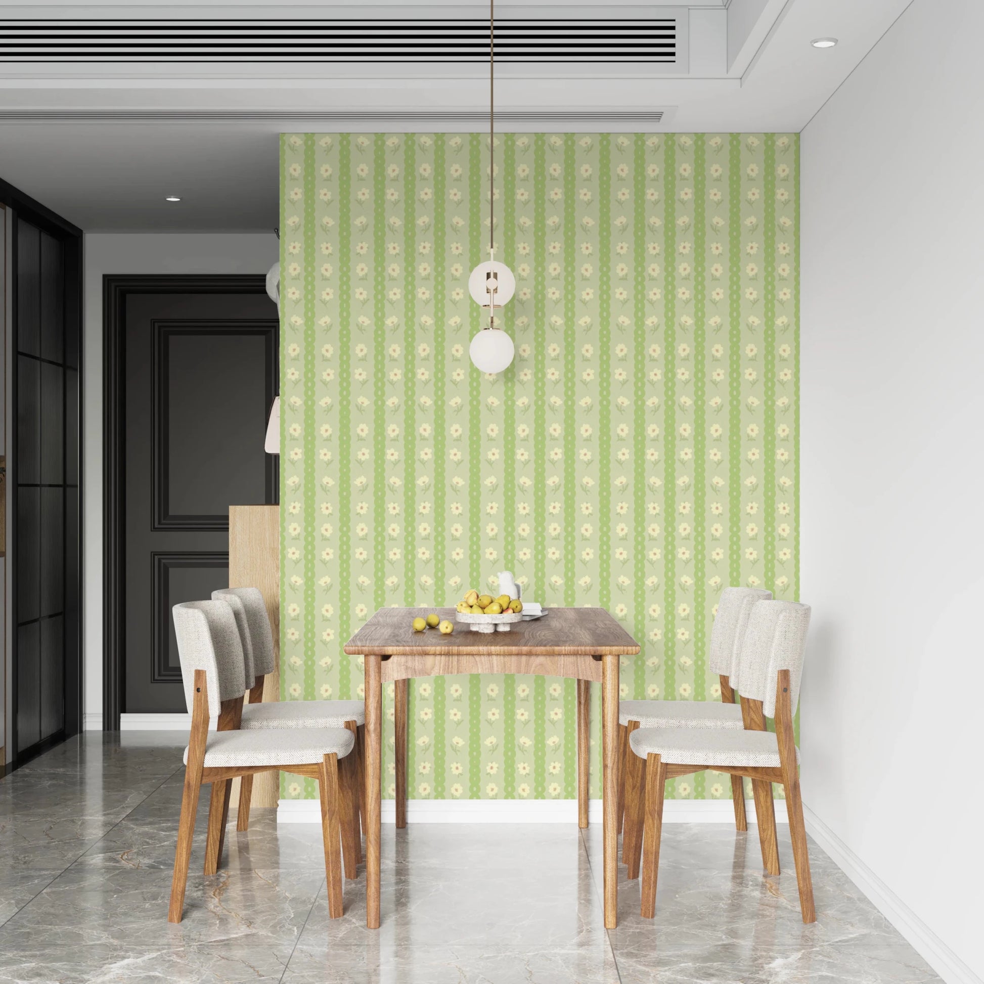 Vintage Bloom Rows wallpaper mural in a dining room behind a wood table and beige chairs, green daisy stripes