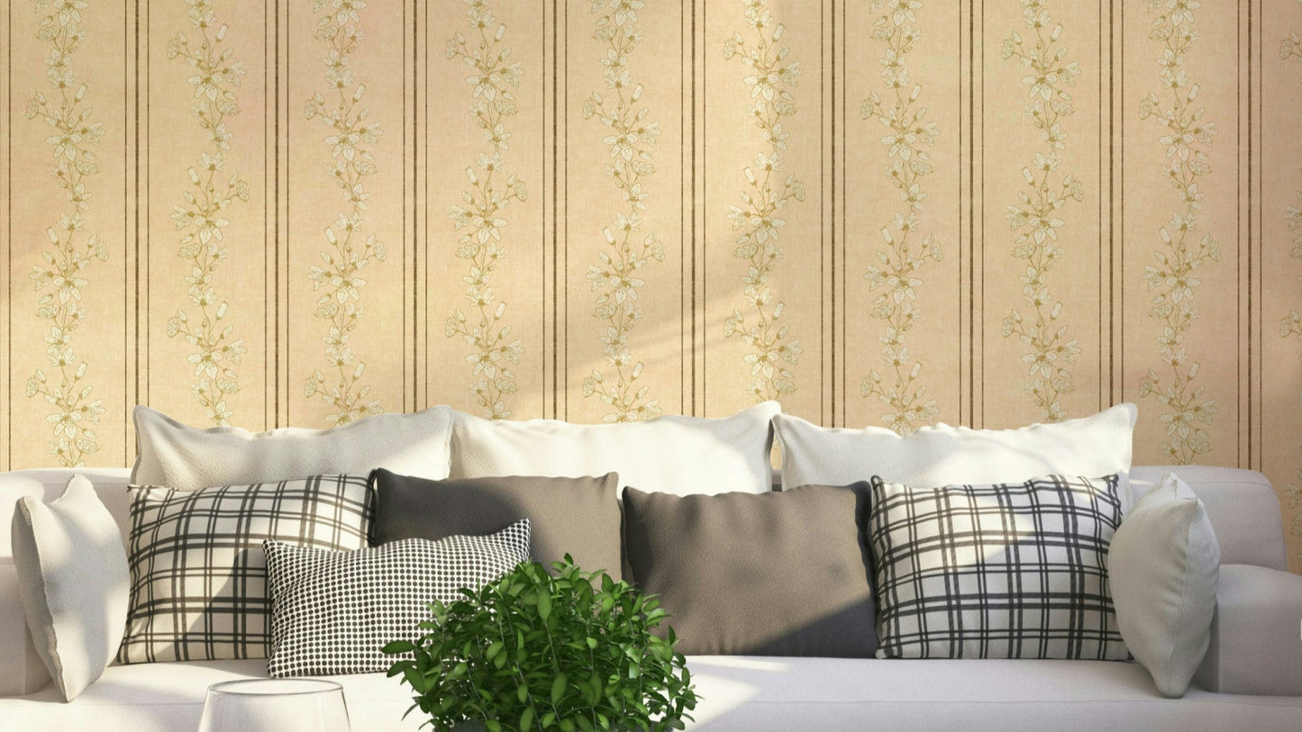 Soft yellow wallpaper with floral stripe design

