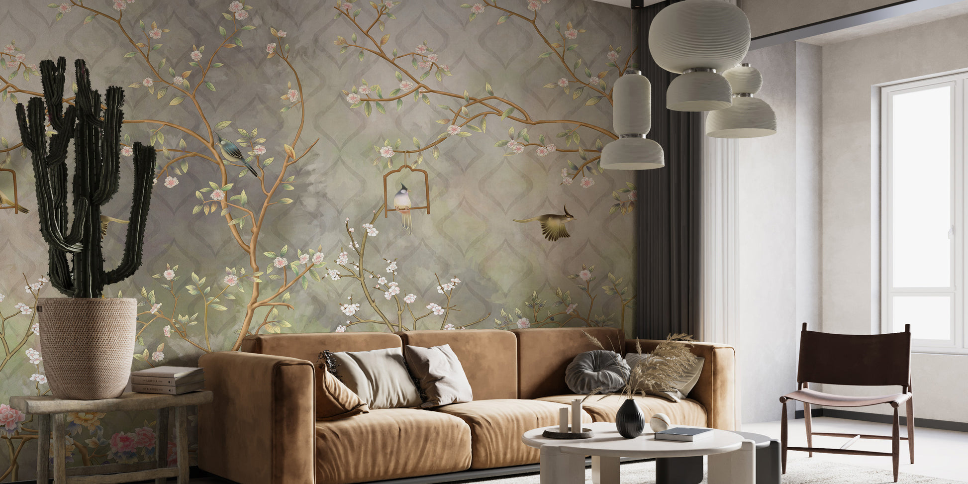 Vintage Blooming Garden Wall Mural peel and stick in a nursery with a white storage unit and a wooden ladder.
