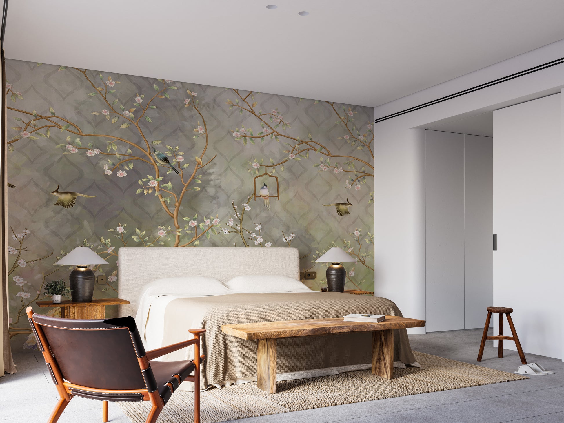 Removable self adhesive vintage garden mural in a modern bedroom featuring a stylish wooden accent chair.