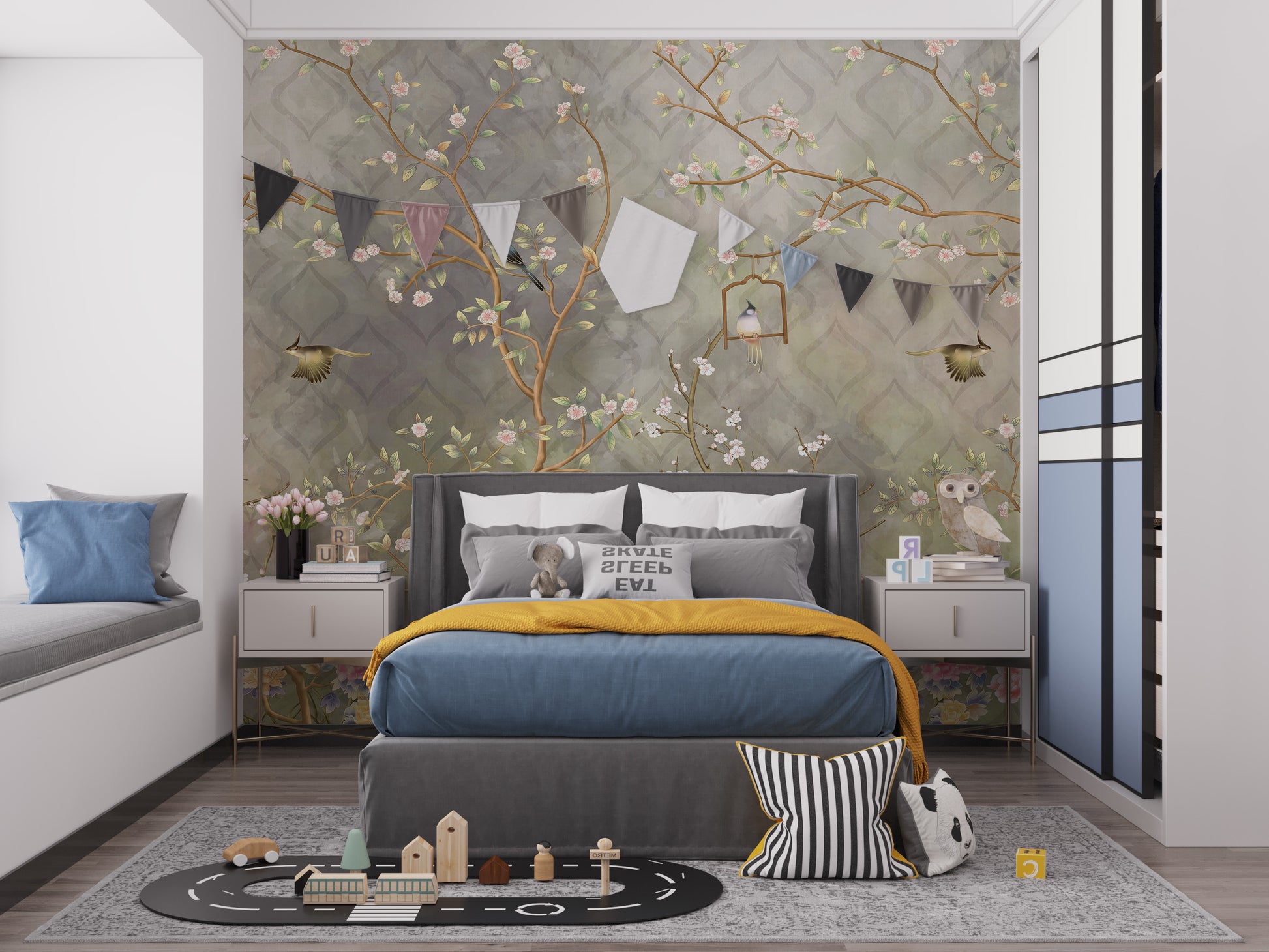 Antique floral wall mural on canvas in a bedroom with a blue bedspread and white pillows for a serene atmosphere.