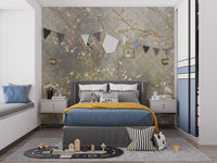 Antique floral wall mural on canvas in a bedroom with a blue bedspread and white pillows for a serene atmosphere.