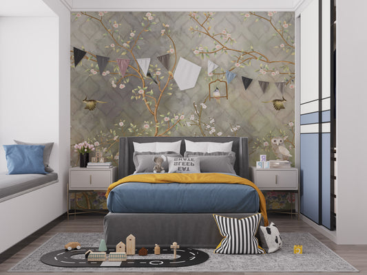 Antique floral wall mural on canvas in a bedroom with a blue bedspread and white pillows for a serene atmosphere.