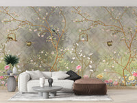 Vintage Blooming Garden Wall Mural in a living room with a white sofa and brown ottoman for a refined look.