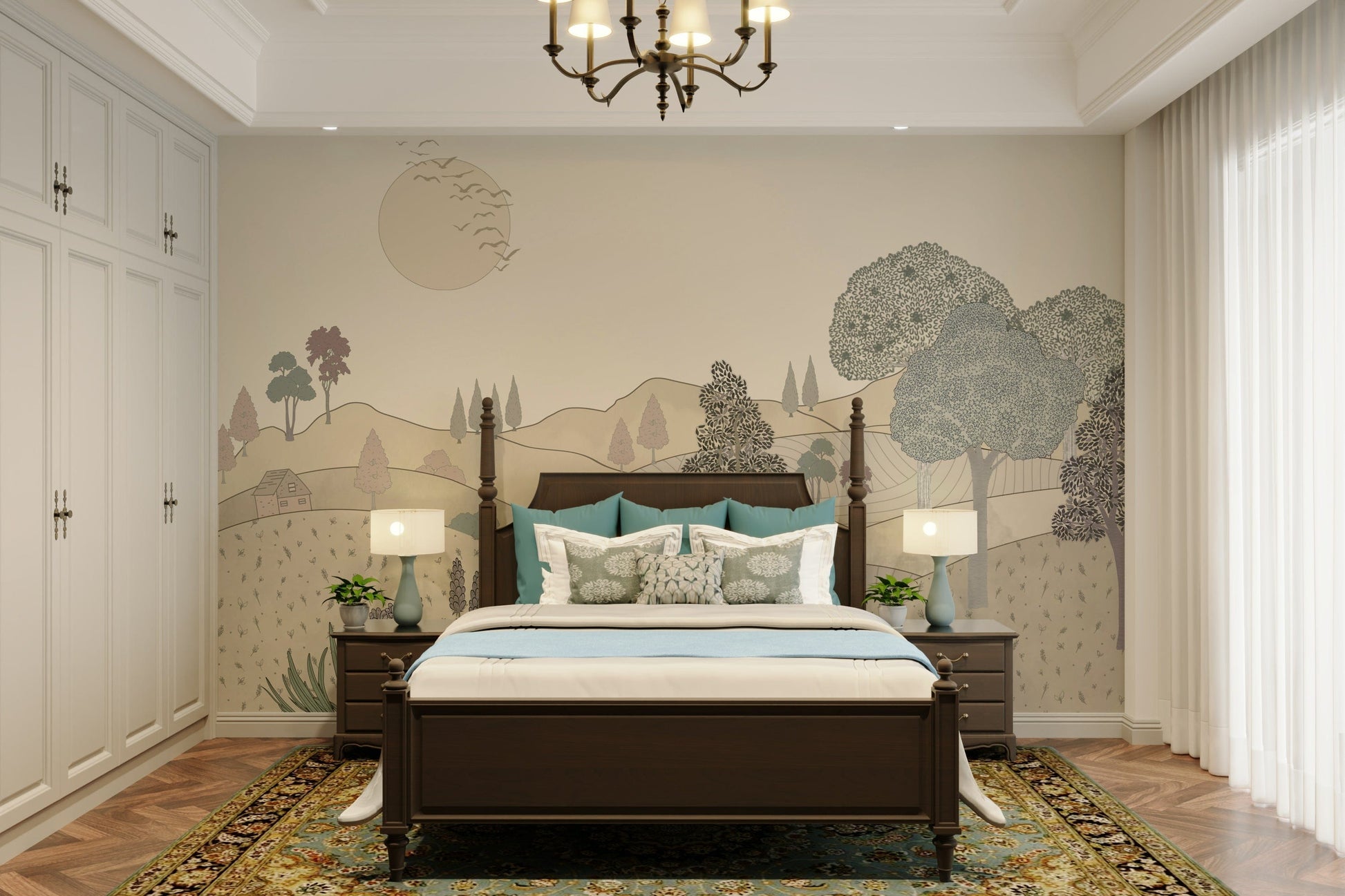 The style is painterly or has an antique feel.

