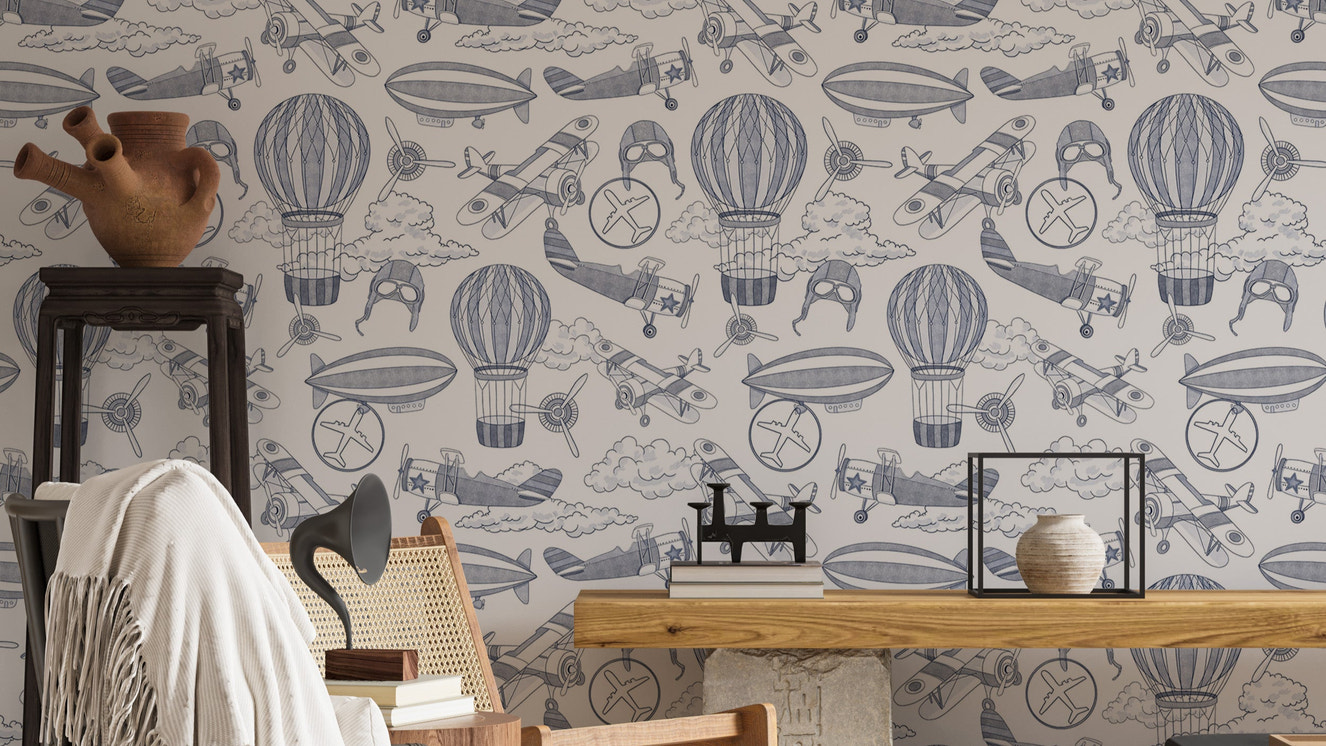 Vintage blue plane wallpaper with retro aircraft illustrations

