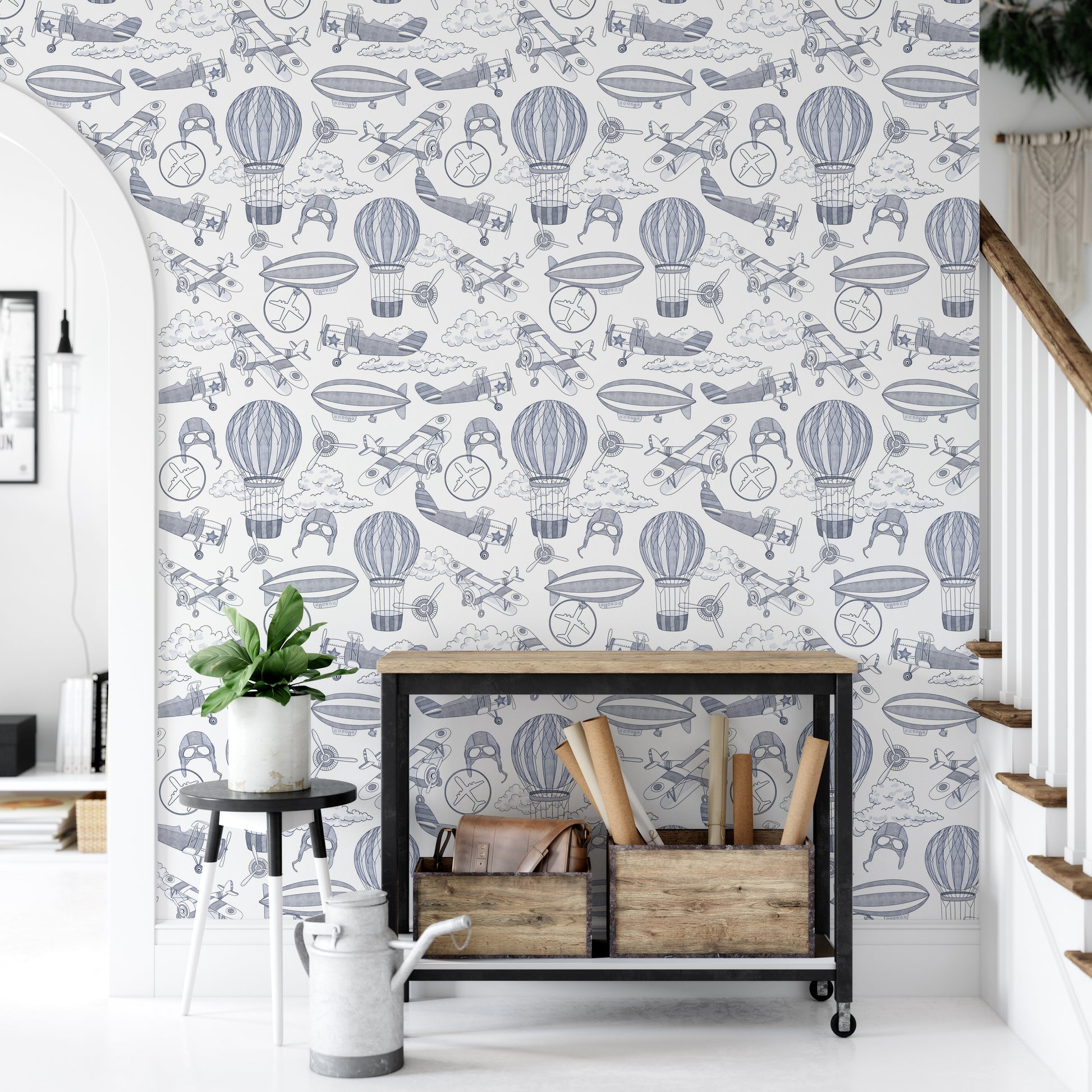 Blue sky-themed wallpaper with flying vintage planes


