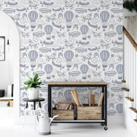 Blue sky-themed wallpaper with flying vintage planes

