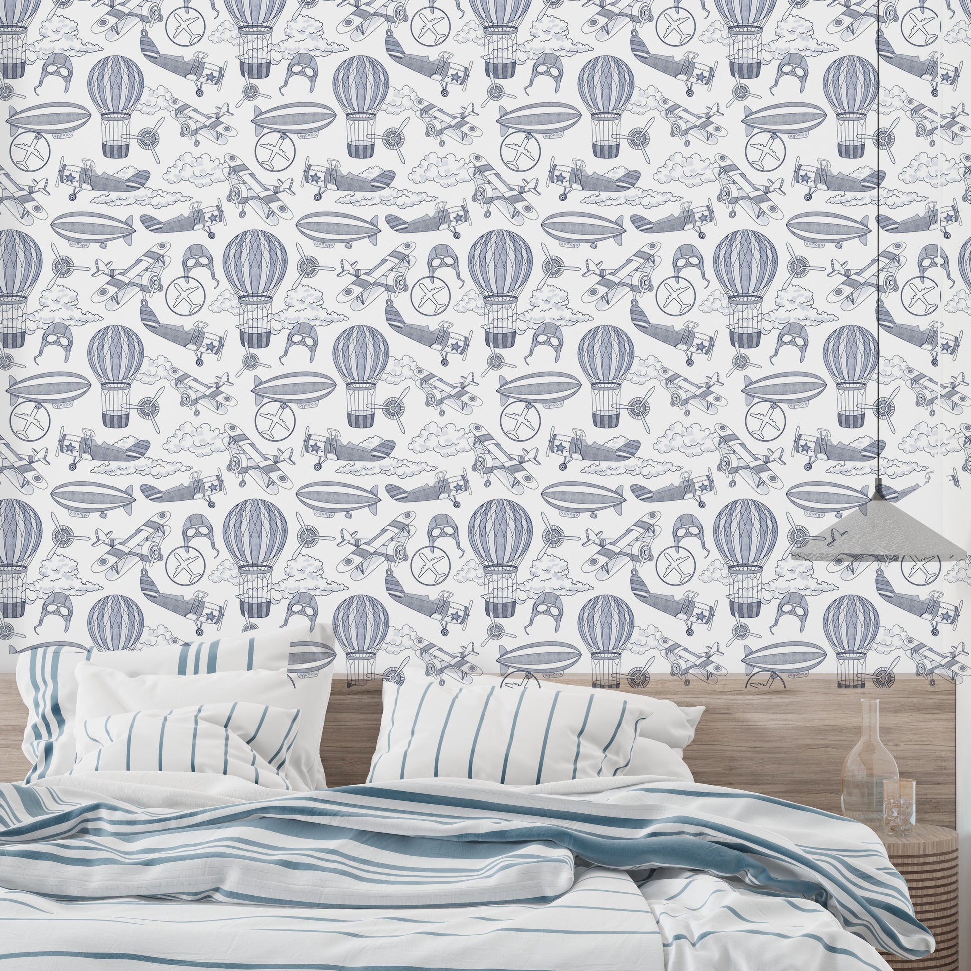 Soft blue wallpaper featuring old-fashioned airplanes

