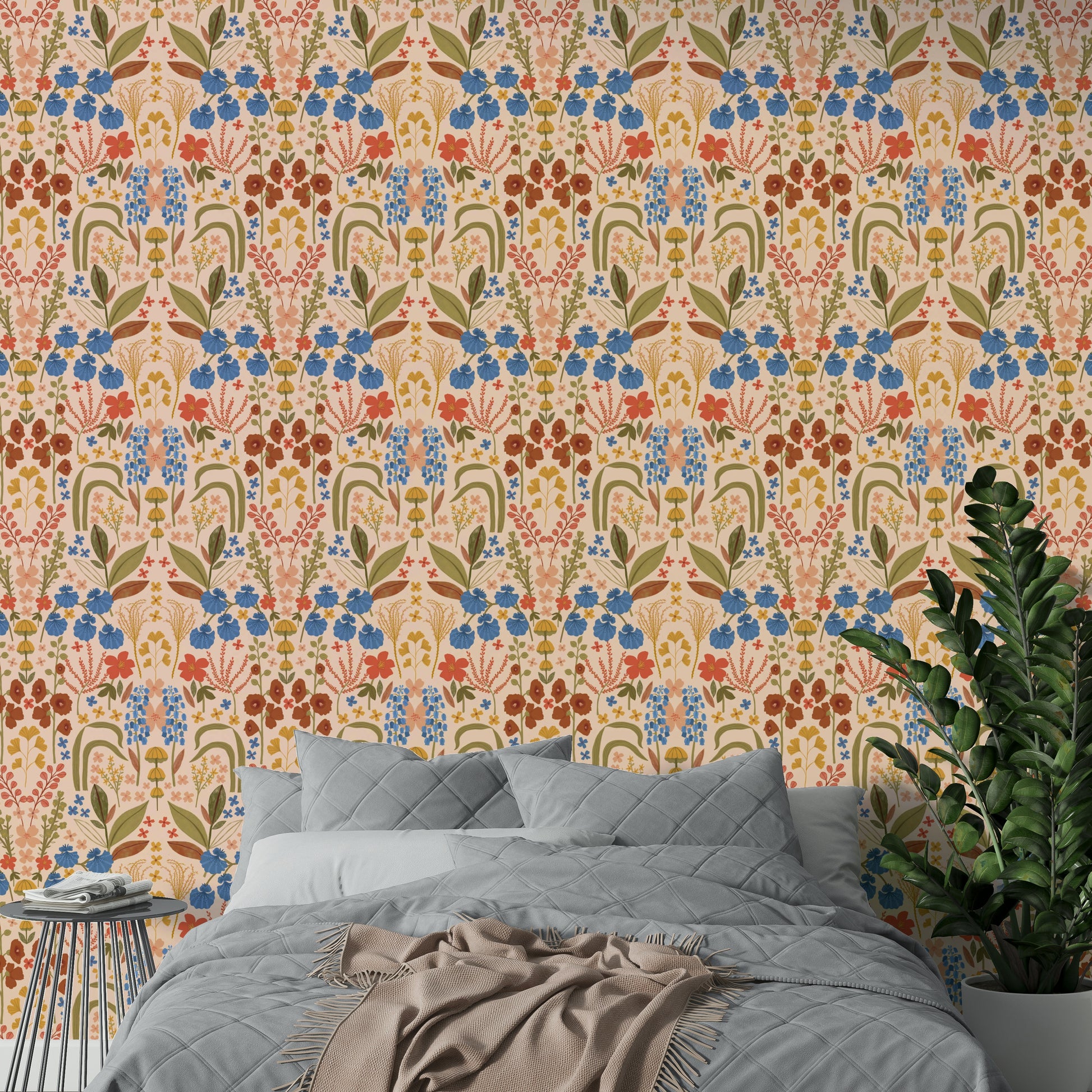 Traditional wallpaper with soft blue wildflowers

