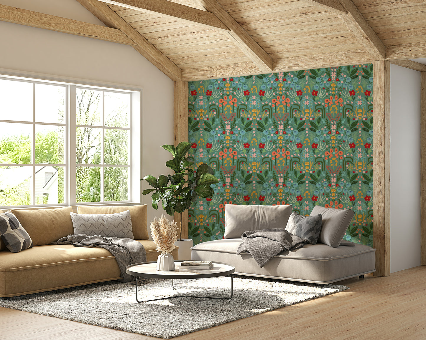 Cottage-style interior with bluebell motif wallpaper

