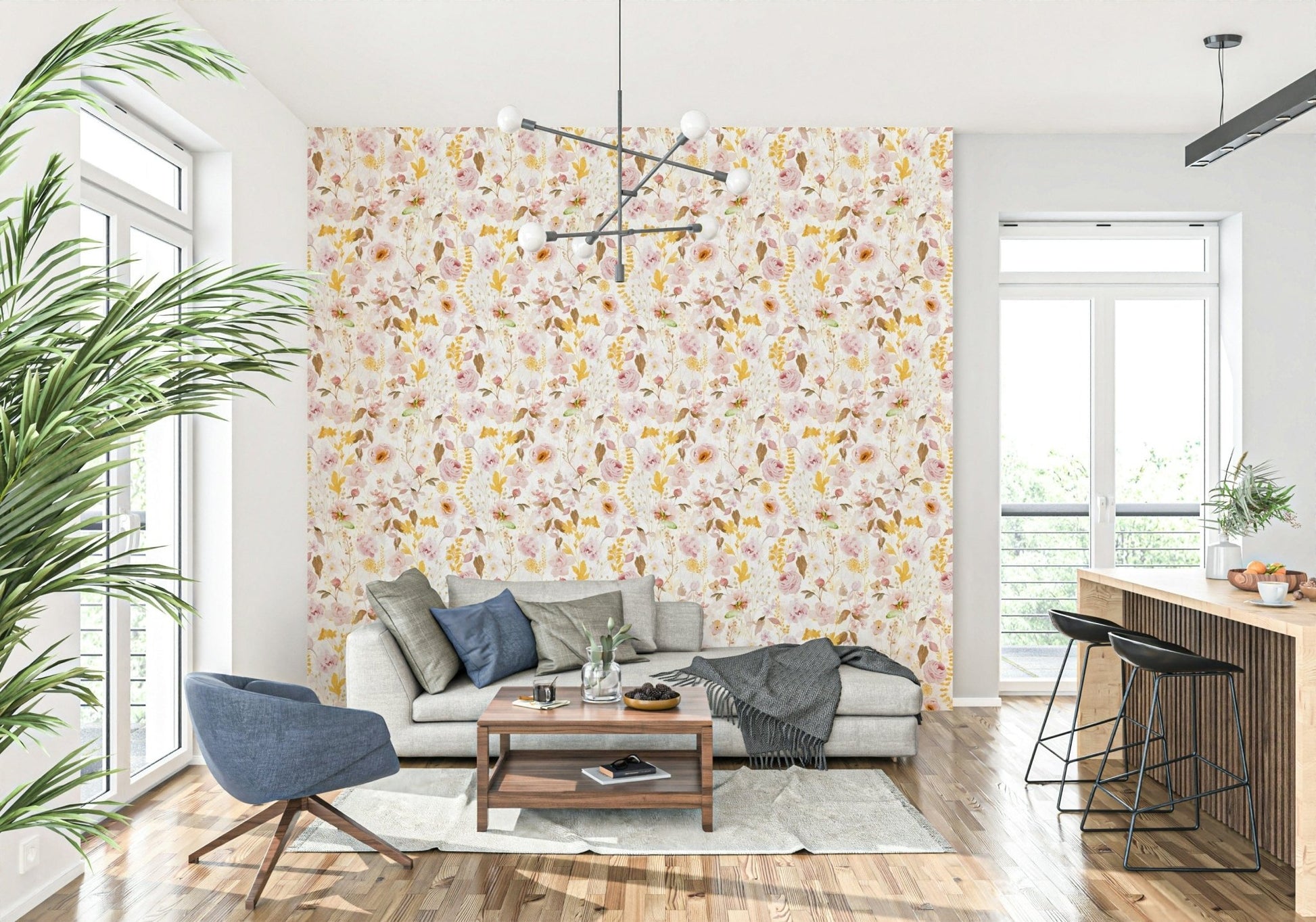 Pastel pink and amber leaf peel and stick wallpaper pattern.
