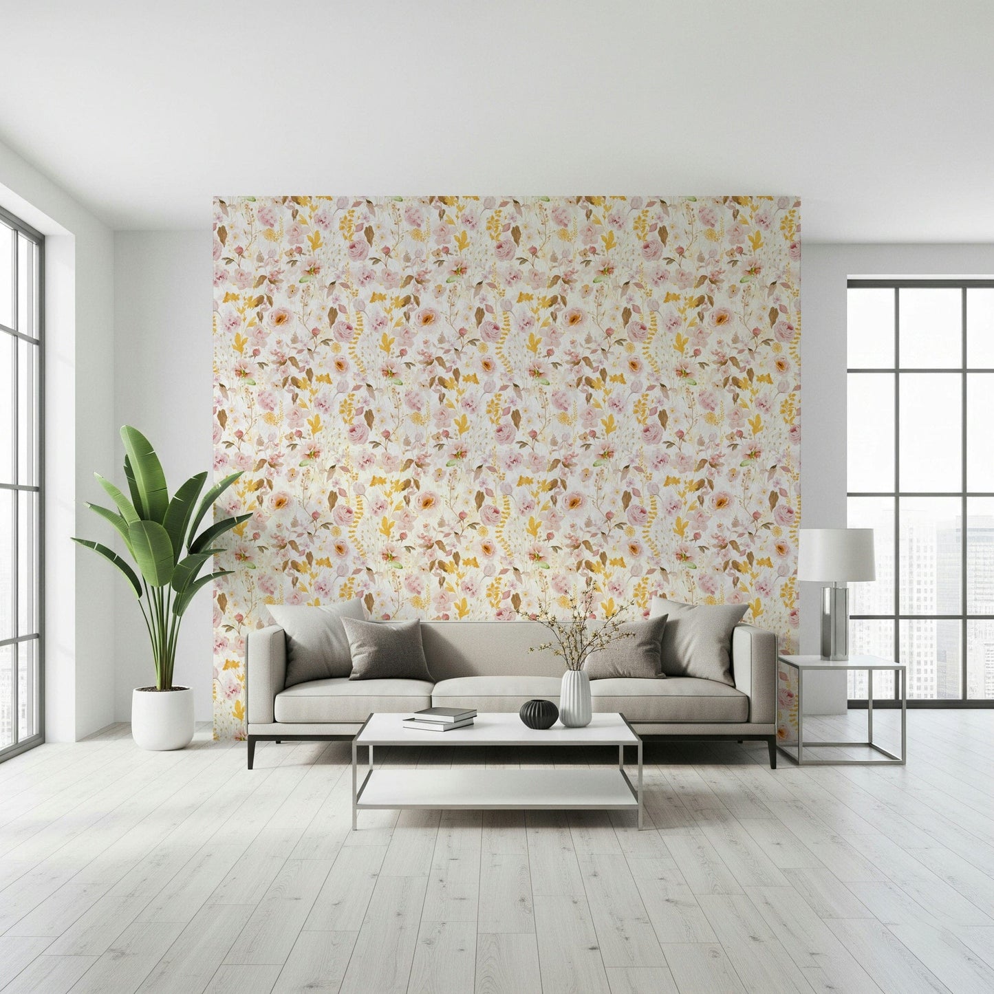 Peony and rose peel and stick wallpaper soft watercolor pattern.