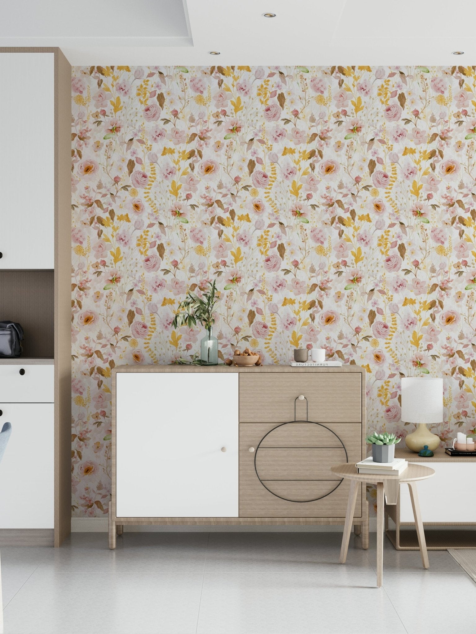 Antique inspired blush rose and foliage wall mural.