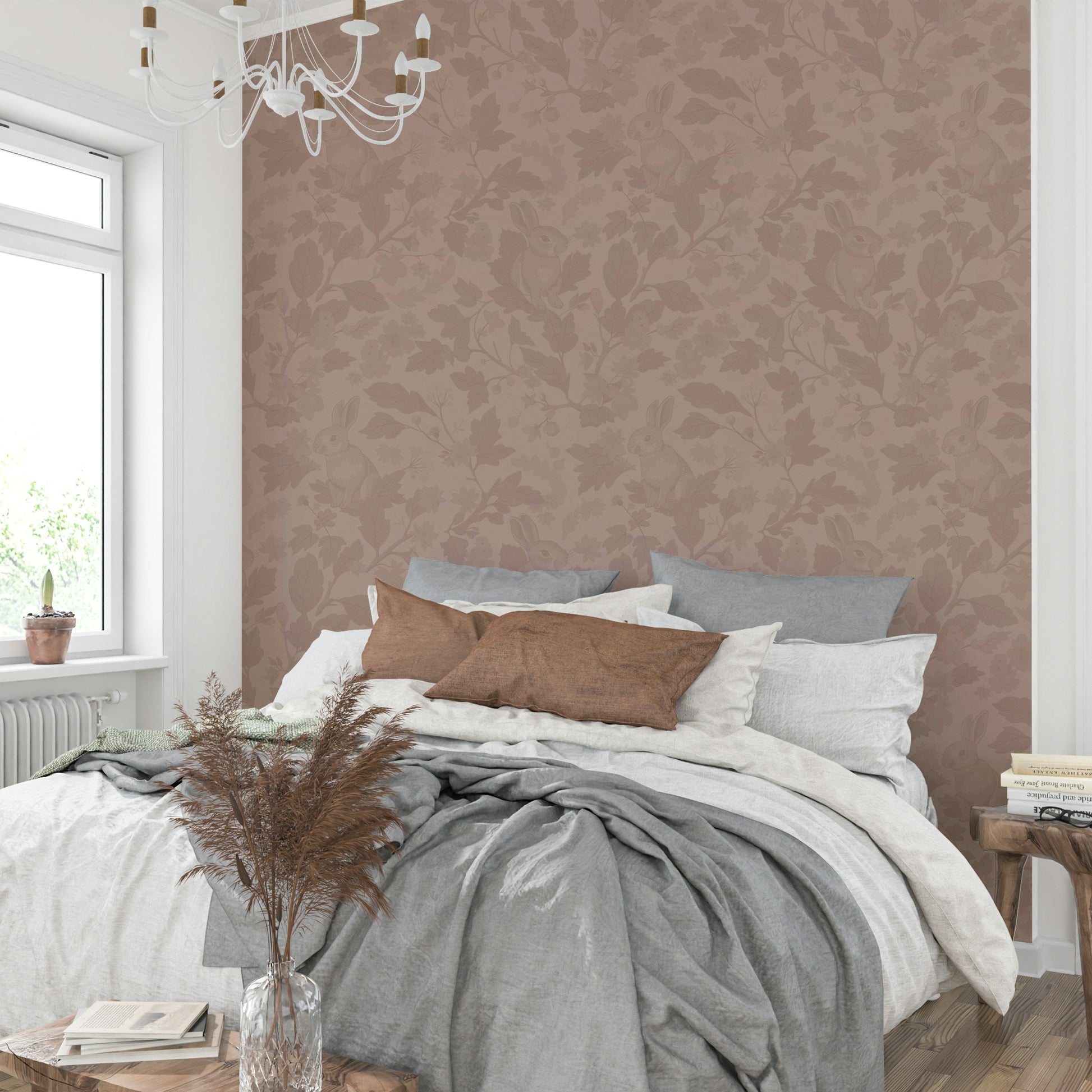 Solid blush wallpaper in cozy reading nook


