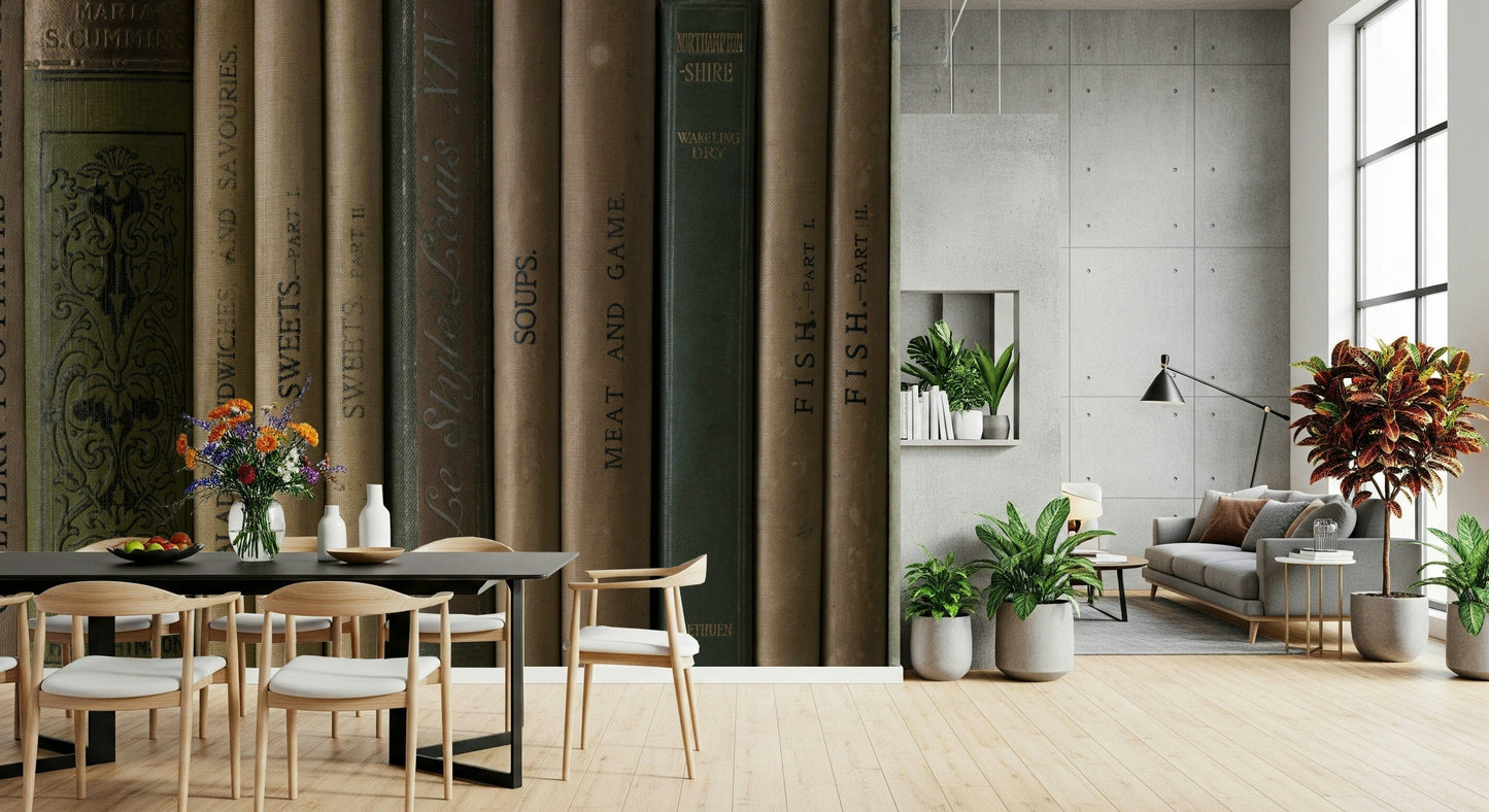 Old-world bookshelf mural featuring aged hardbound books with weathered spines.