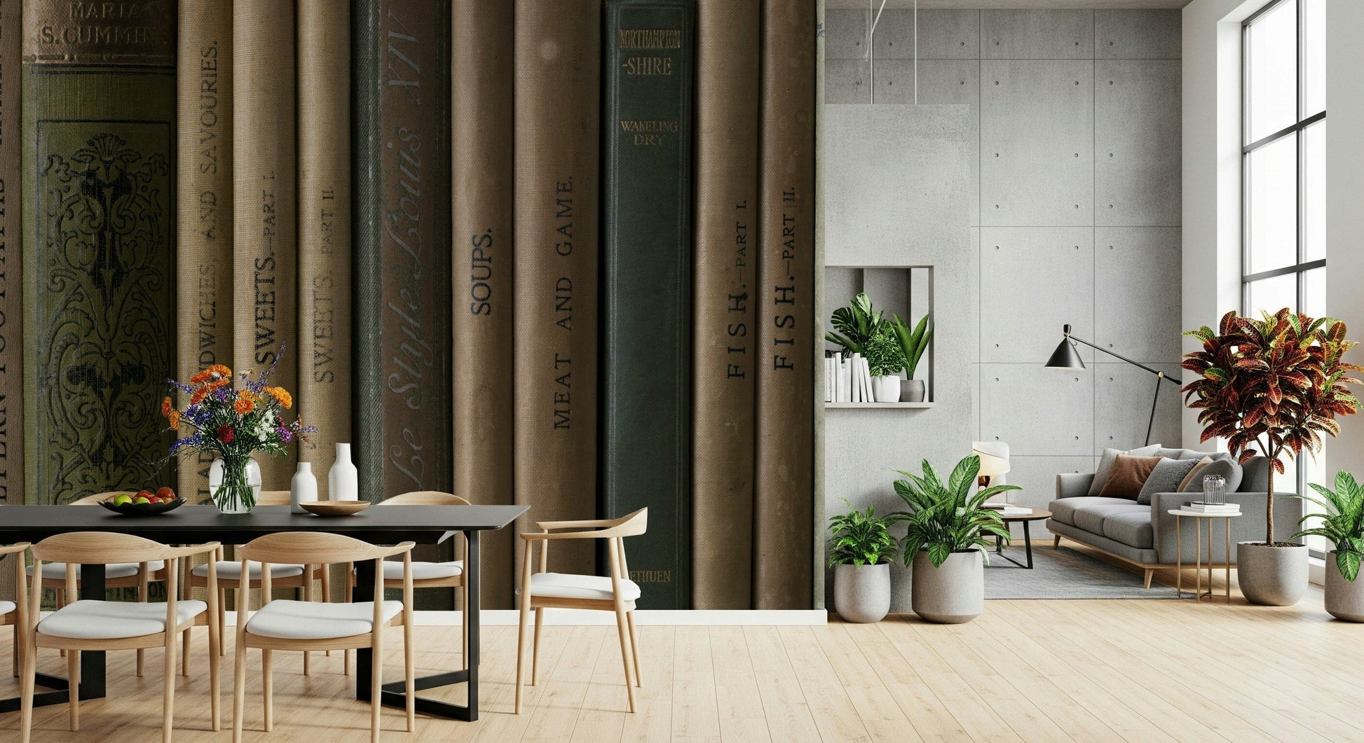 Old-world bookshelf mural featuring aged hardbound books with weathered spines.