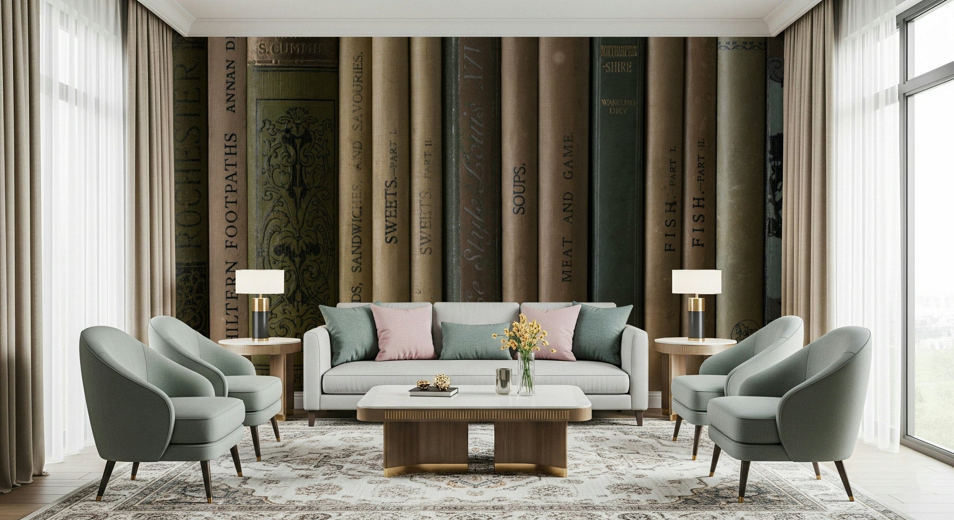 Decorative mural featuring old literature volumes with distressed bindings and elegant typography.