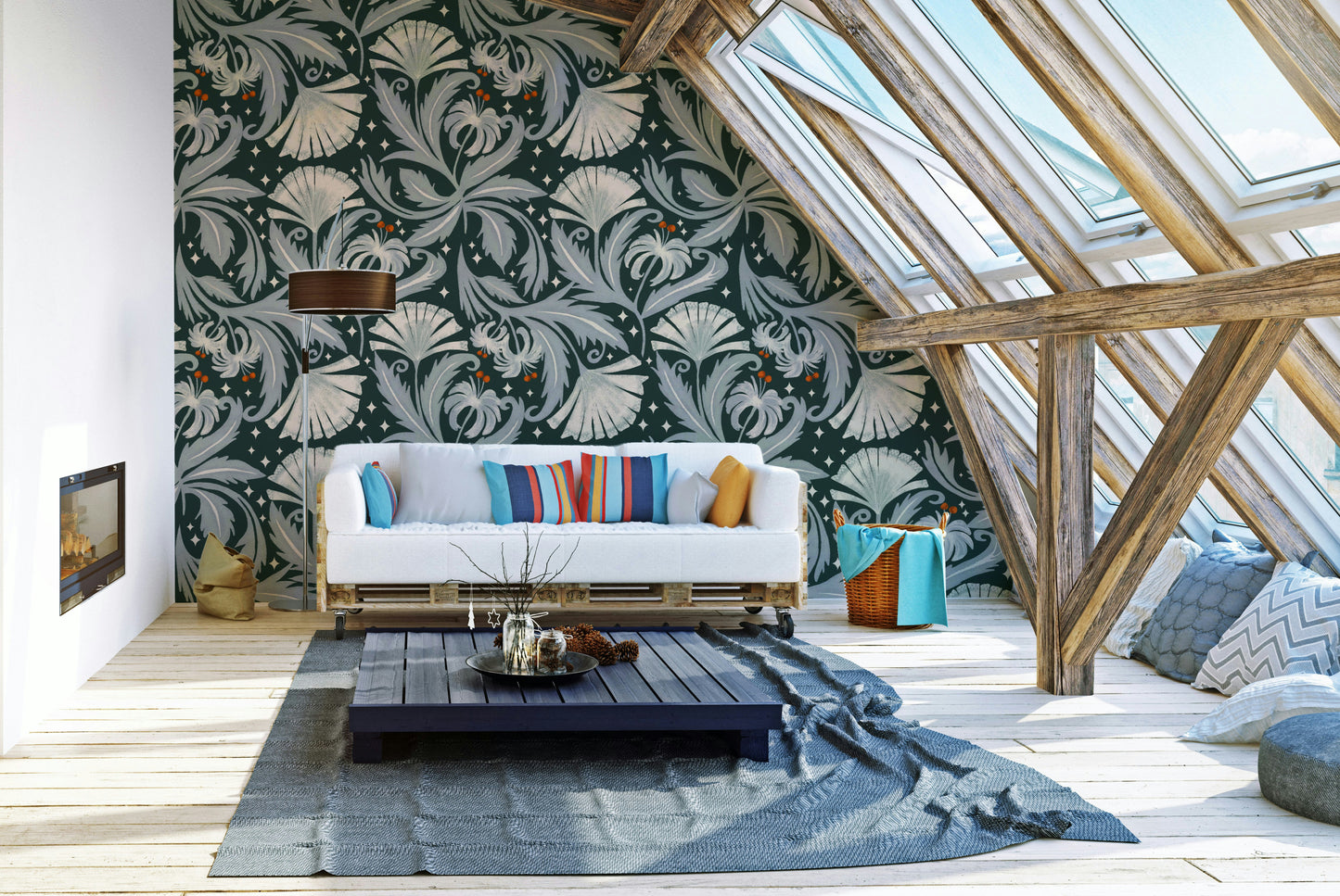 Vintage-style floral wallpaper with Forest Noir palette

