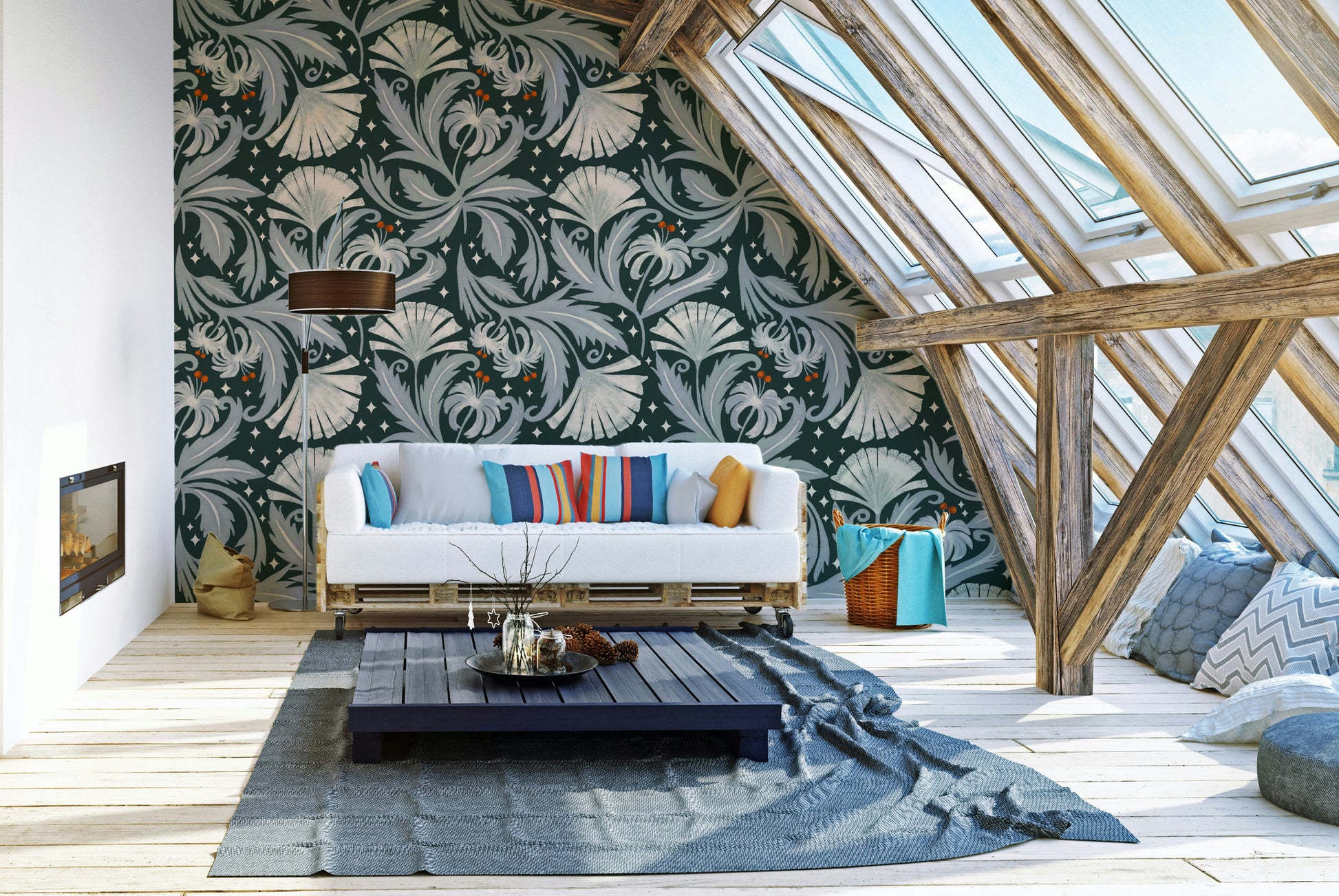 Vintage-style floral wallpaper with Forest Noir palette

