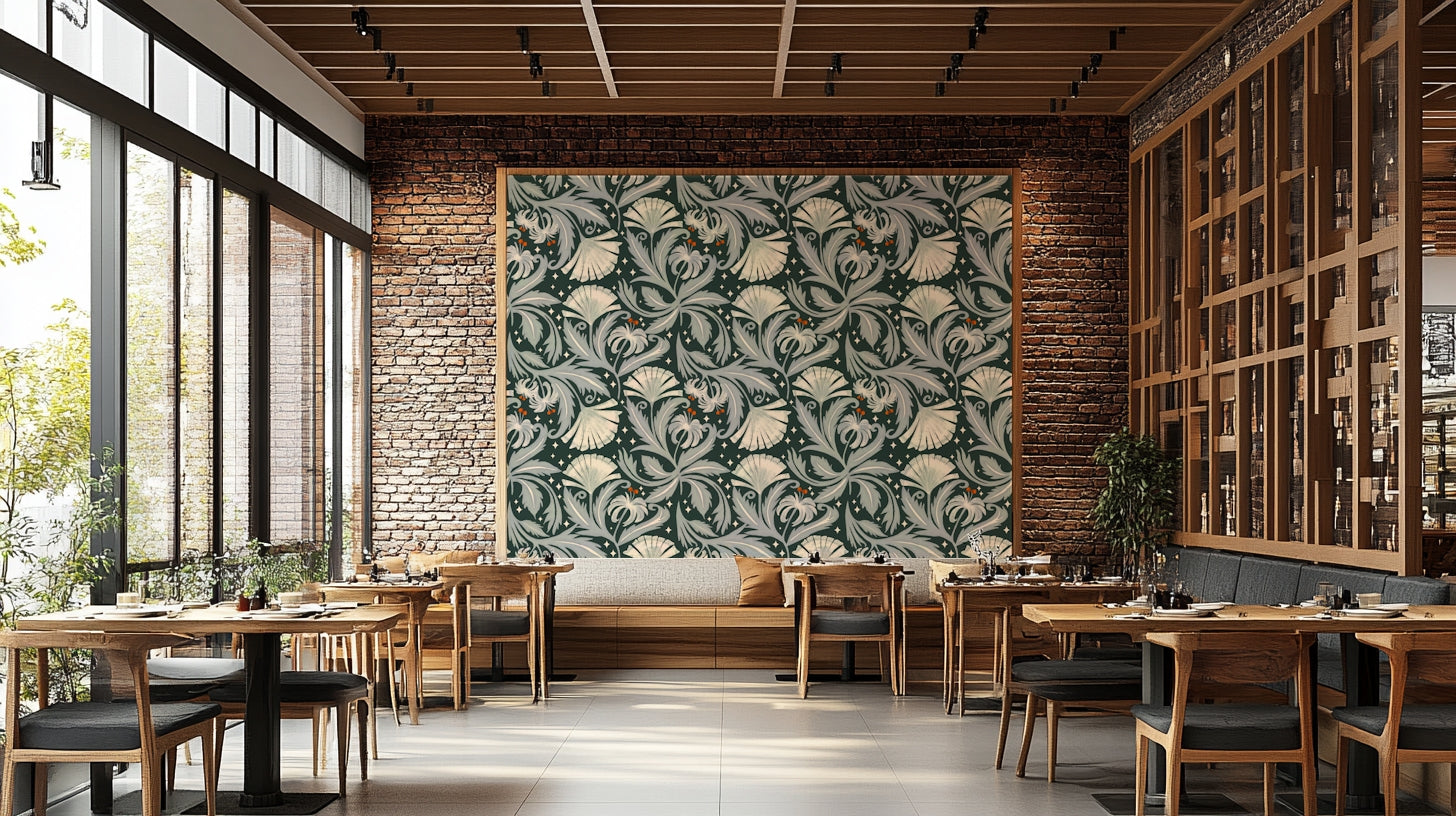Detailed vintage floral wallpaper in deep forest colors

