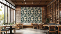 Detailed vintage floral wallpaper in deep forest colors

