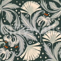 Vintage Botanica Forest Noir wallpaper shown as a full-wall mural, dark green ground with sage leaves and cream fan blooms