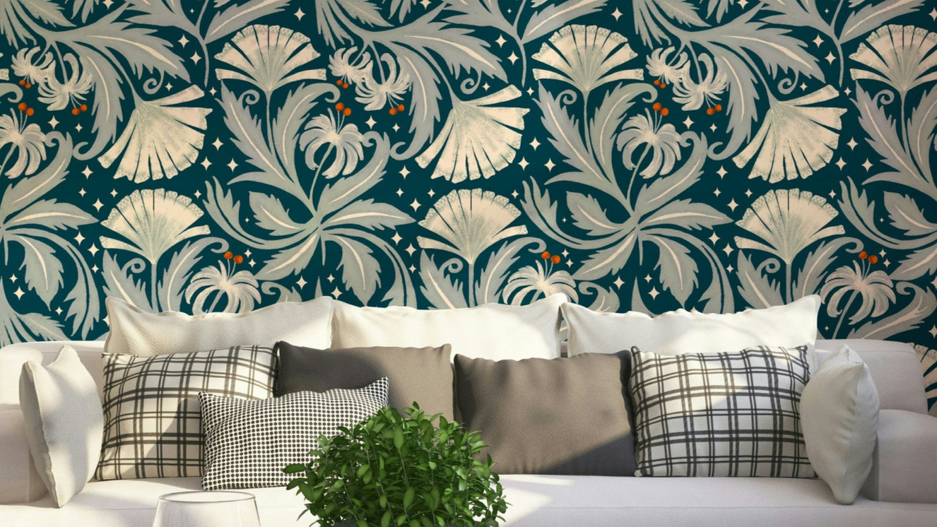 Vintage Botanica floral wallpaper in midnight teal

