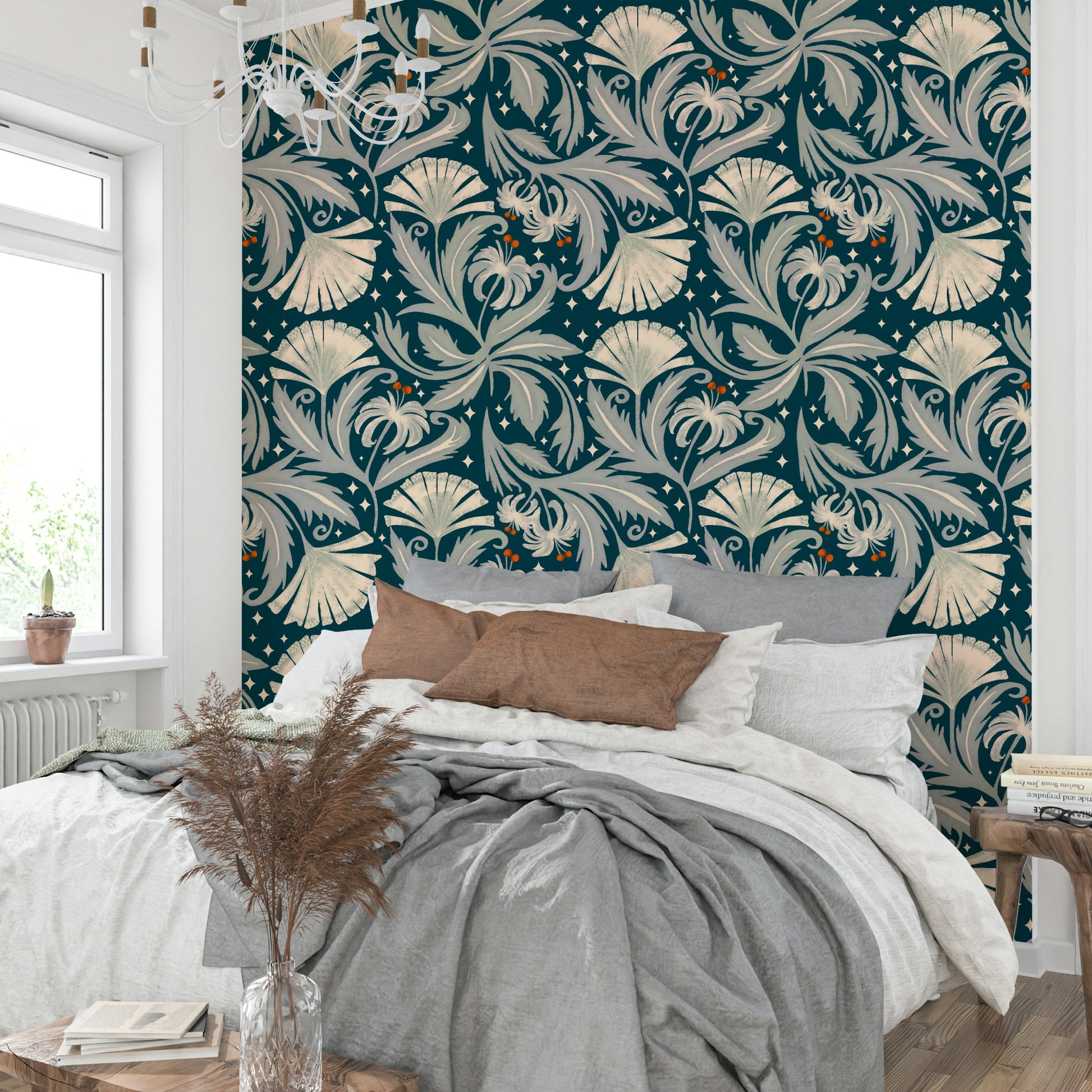 Deep teal vintage botanica wallpaper for classic interiors


