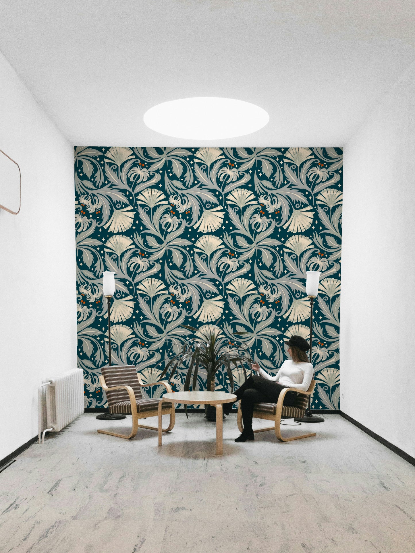 Teal floral wallpaper featuring vintage botanical motifs

