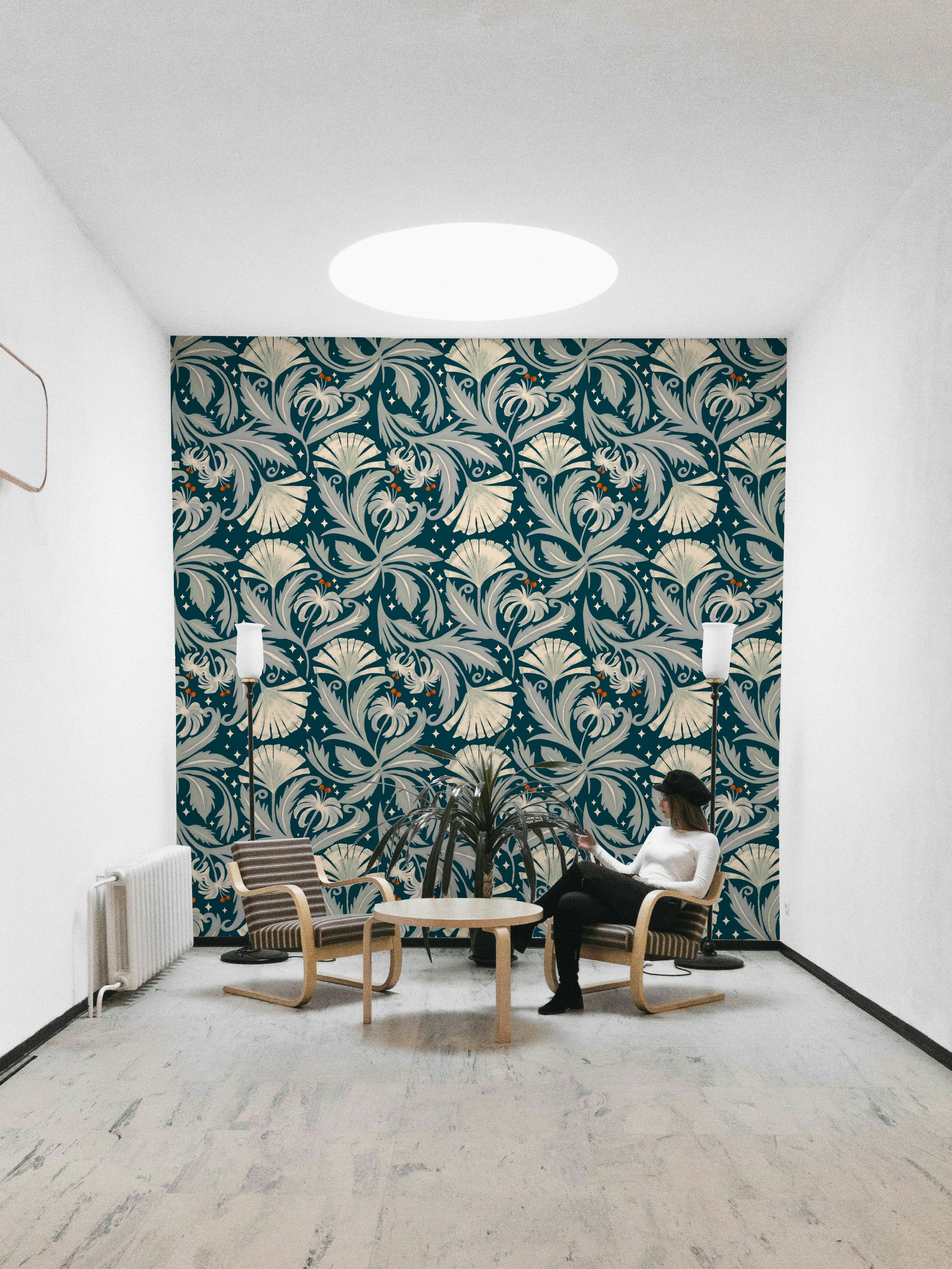 Teal floral wallpaper featuring vintage botanical motifs


