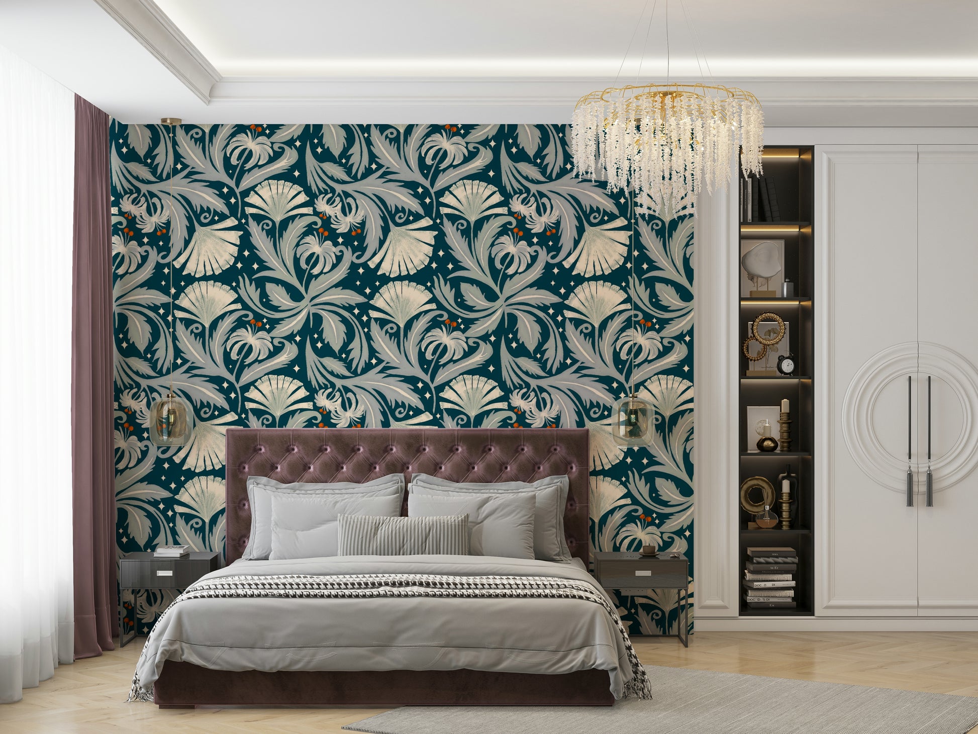 Heritage-inspired floral wallpaper in dark teal color

