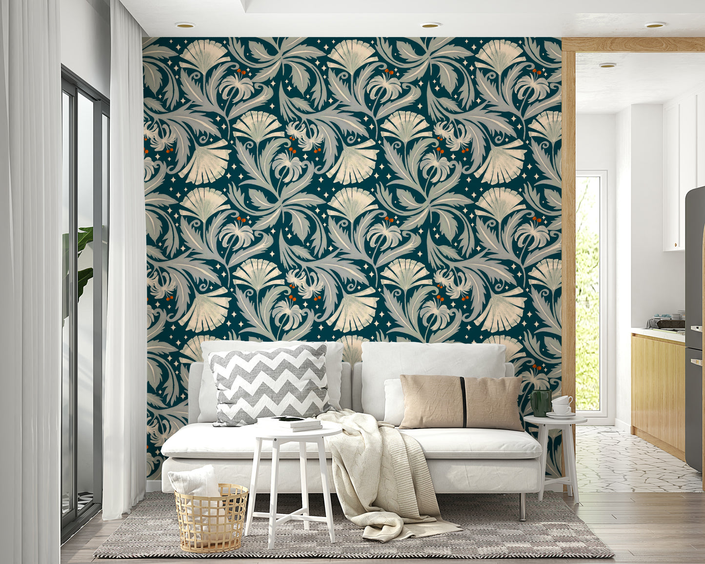 Vintage botanical pattern wallpaper in rich teal tones


