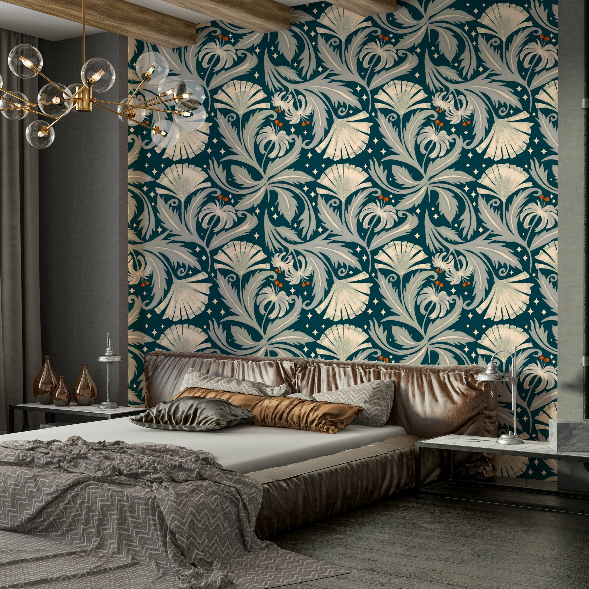 Heritage revival floral wallpaper with teal background


