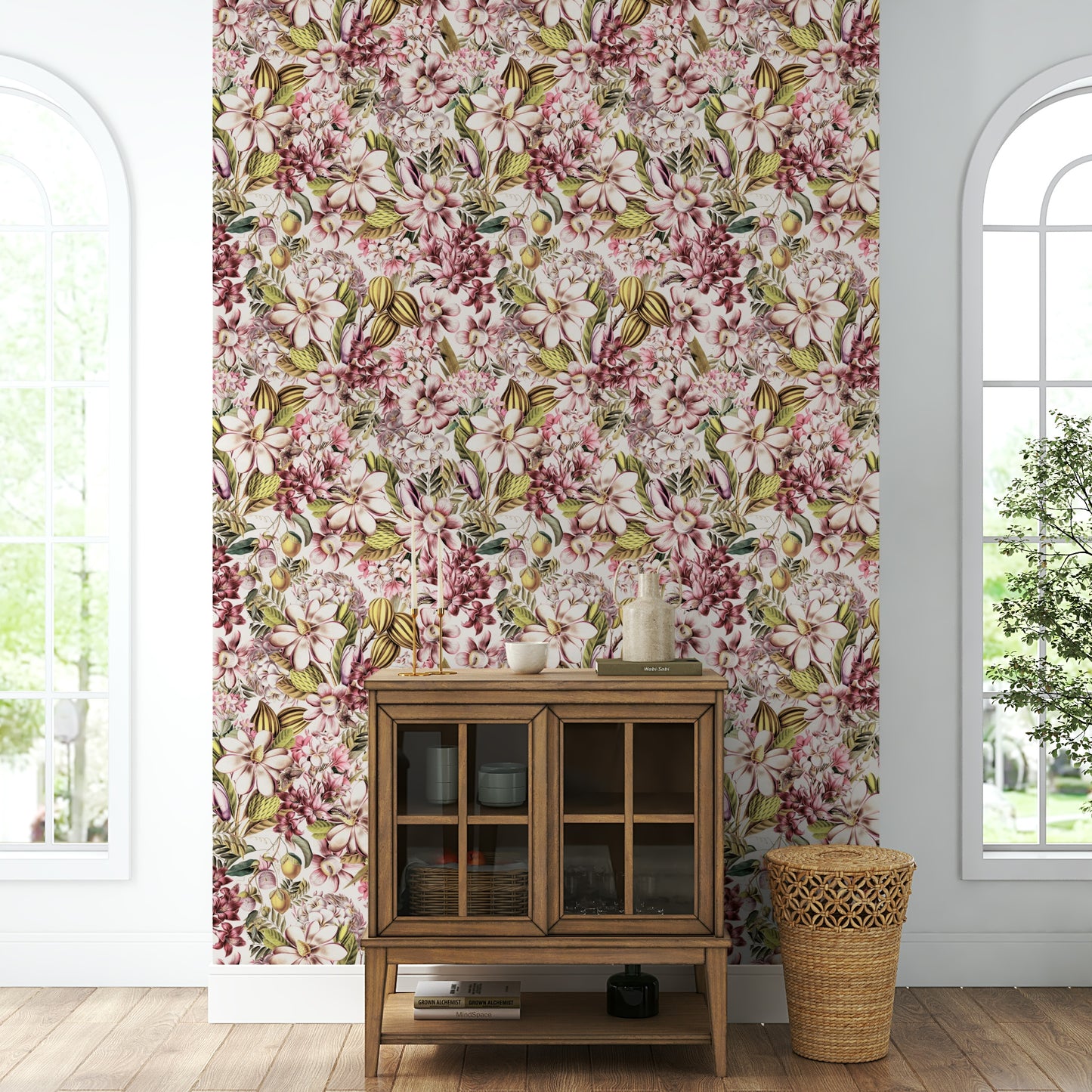 Elegant botanical wallpaper mural with soft flowers and vintage details.

