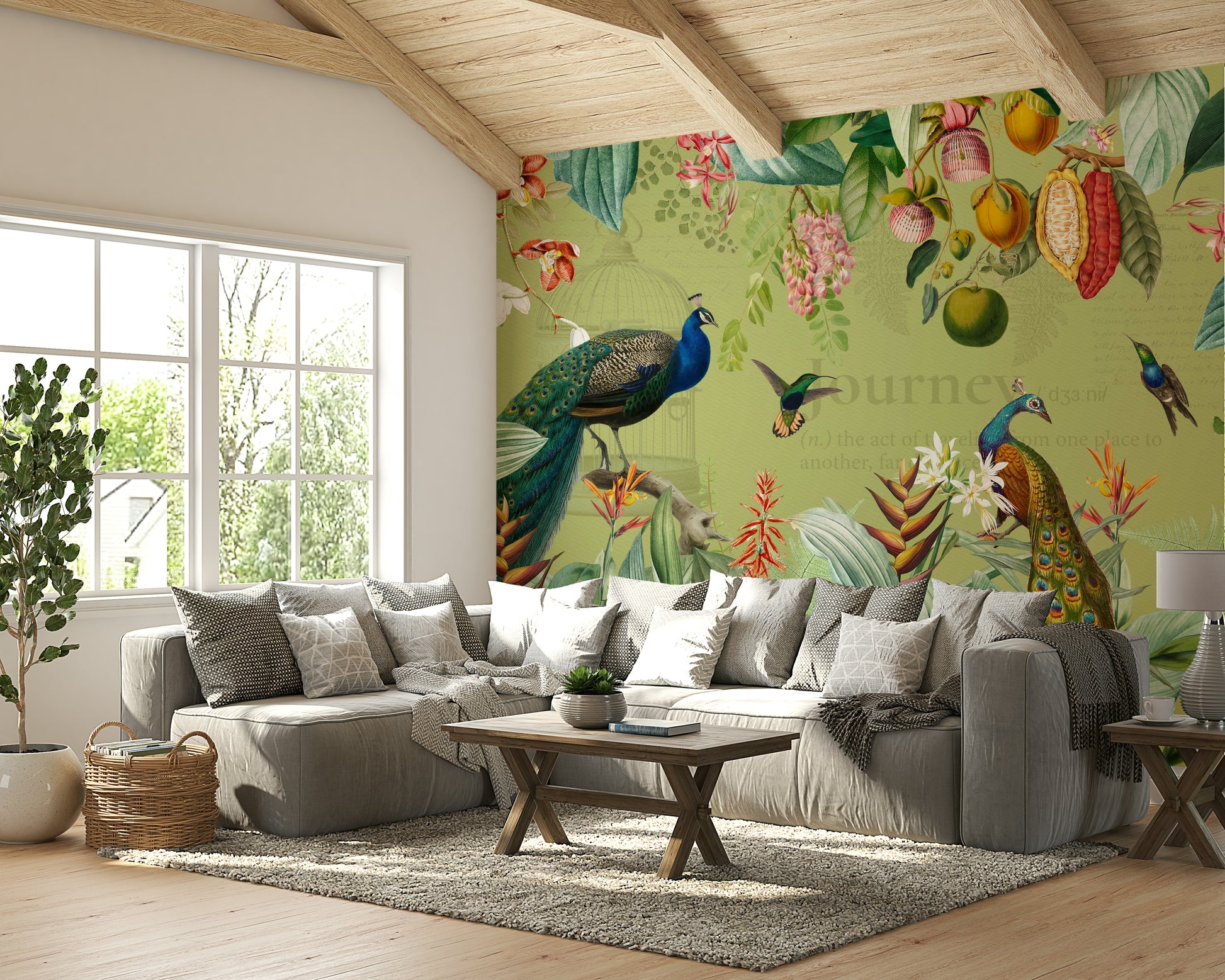 Vintage-inspired wall mural with botanical flowers and greenery

