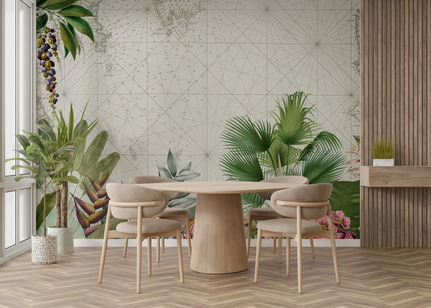 Nature-inspired vintage wall mural with botanical illustrations.

