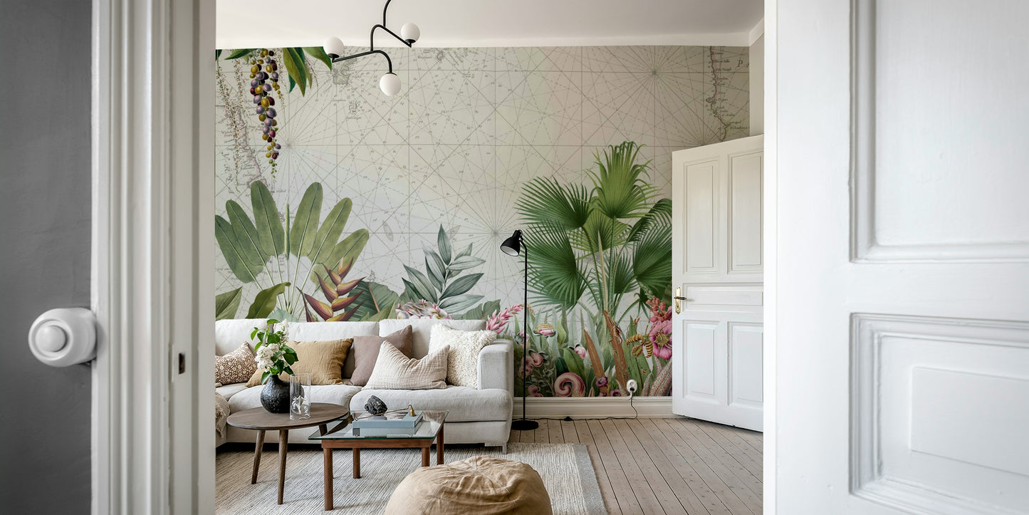 Lush vintage botanical mural wallpaper for living rooms.

