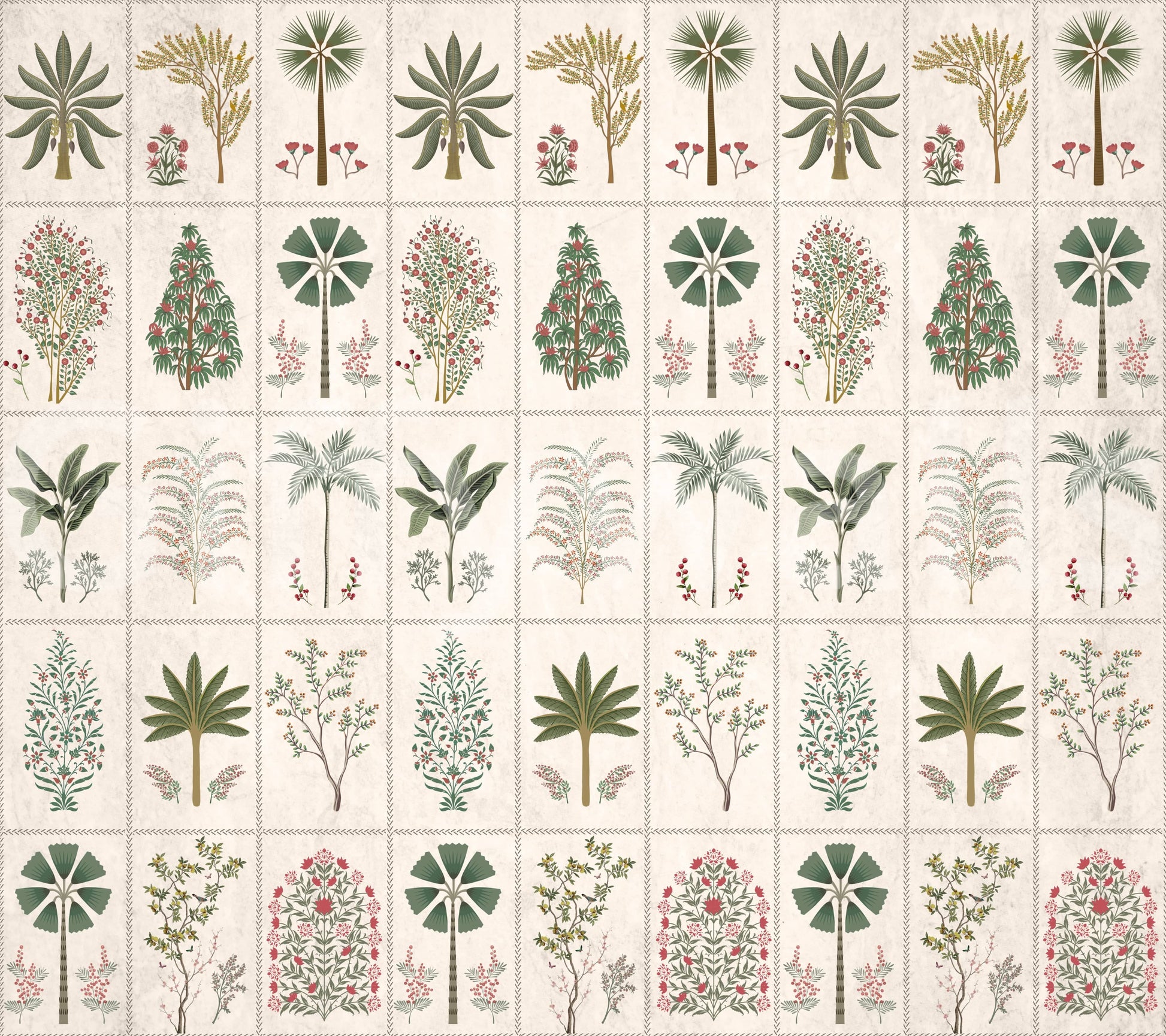 The style is a soft-focus block print or a stamped design.

