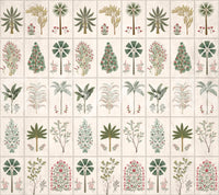 The style is a soft-focus block print or a stamped design.

