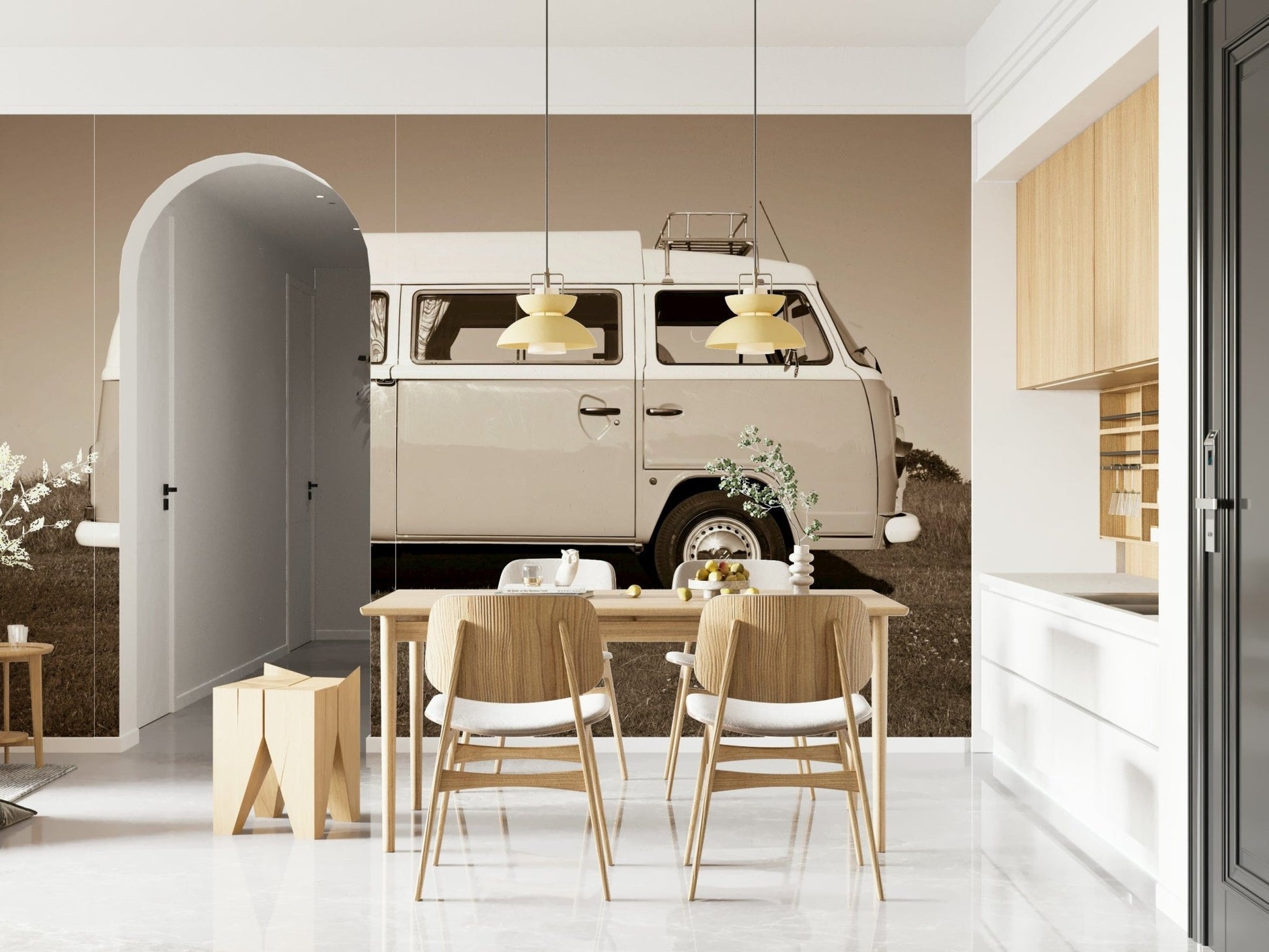 This wallpaper highlights a vintage camper van in profile, bringing retro adventure energy to the room.