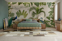 Vintage Caribbean Tropical Journey wallpaper mural of green palms, a peacock and heron over a map behind a tan leather bed
