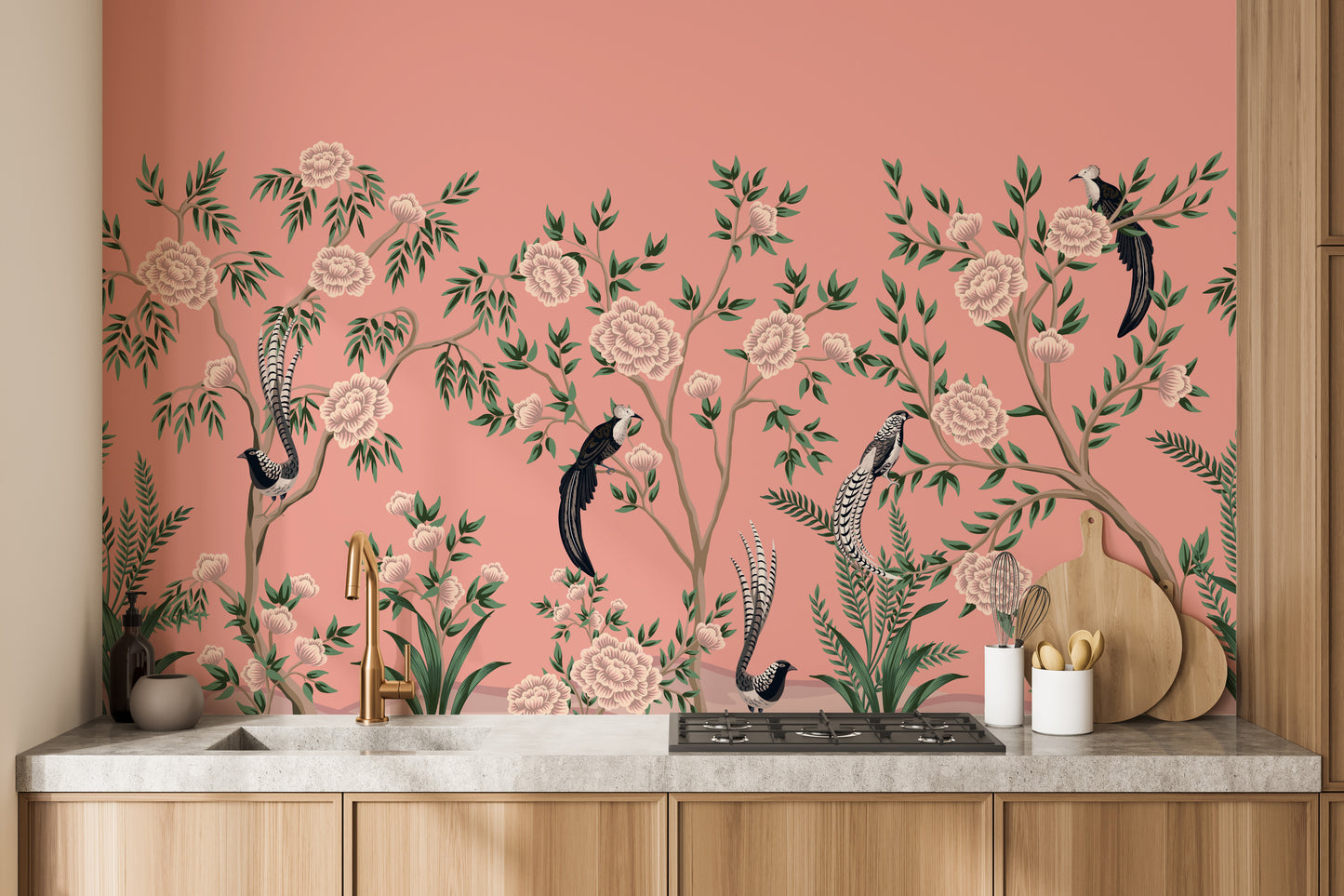 Hand-painted chinoiserie floral wallpaper in pastel colors.
