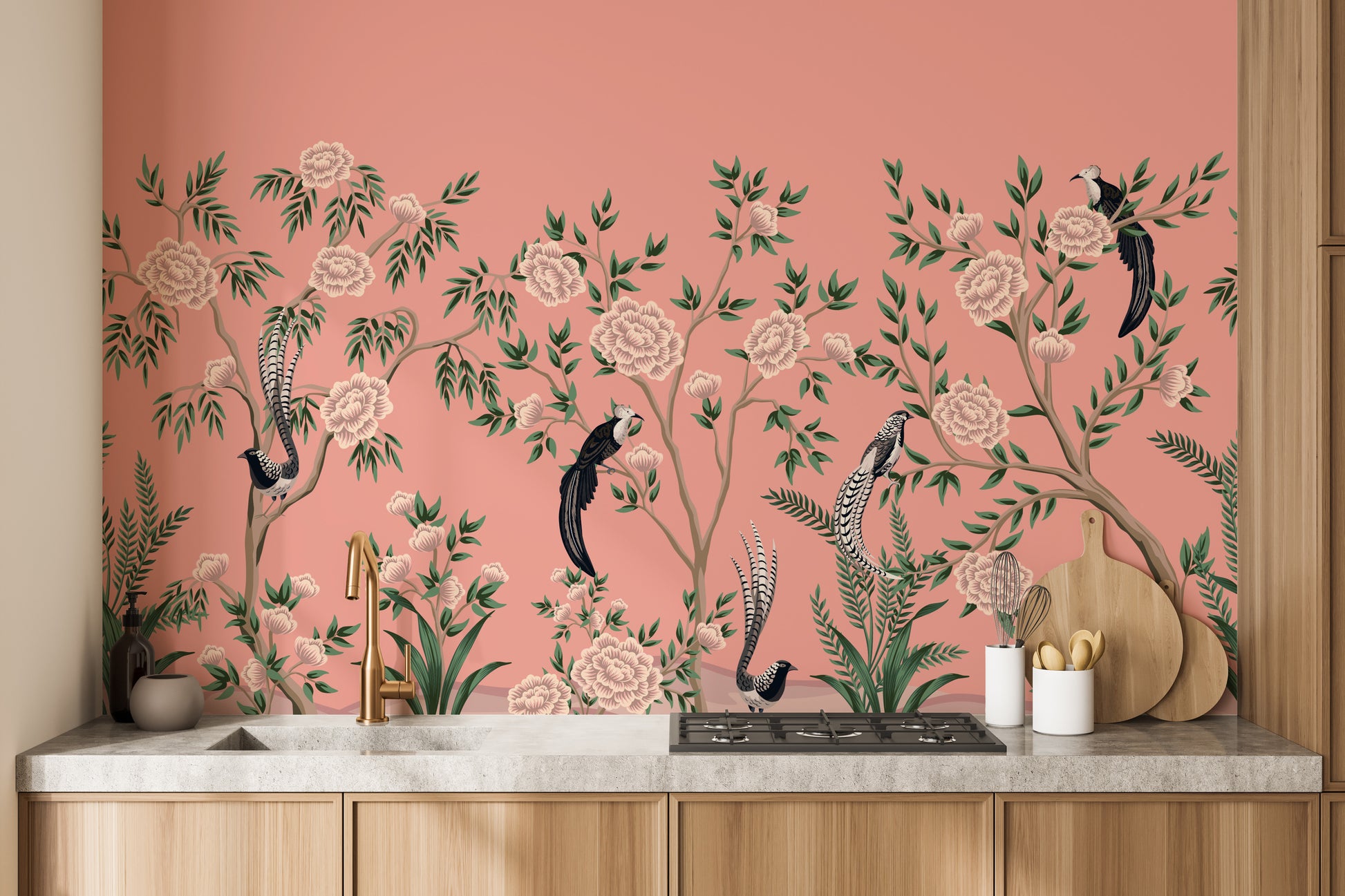 Hand-painted chinoiserie floral wallpaper in pastel colors.